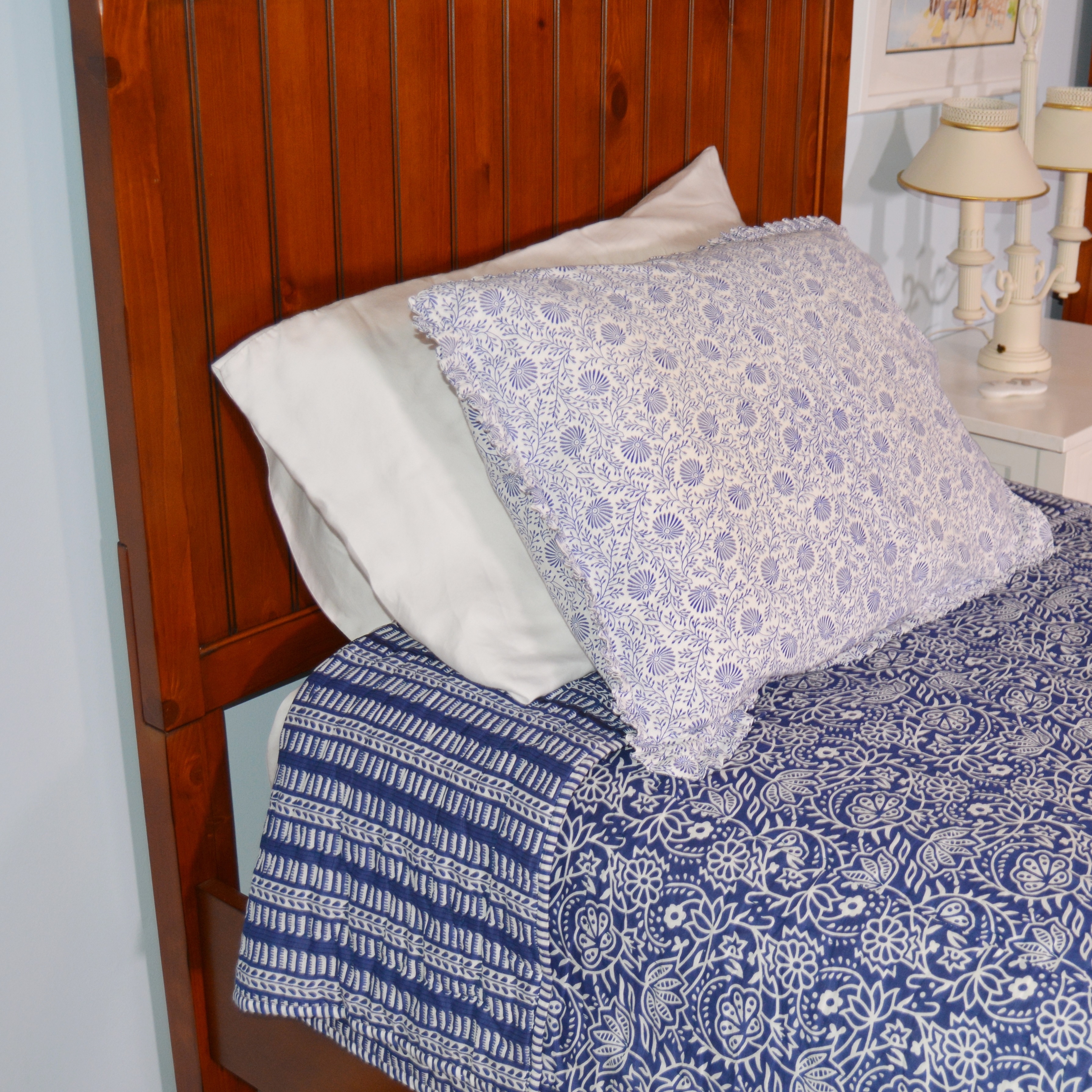 Pottery Barn Pine Beadboard Twin Bed, Pottery Barn Blanket and Ballard Coverlet