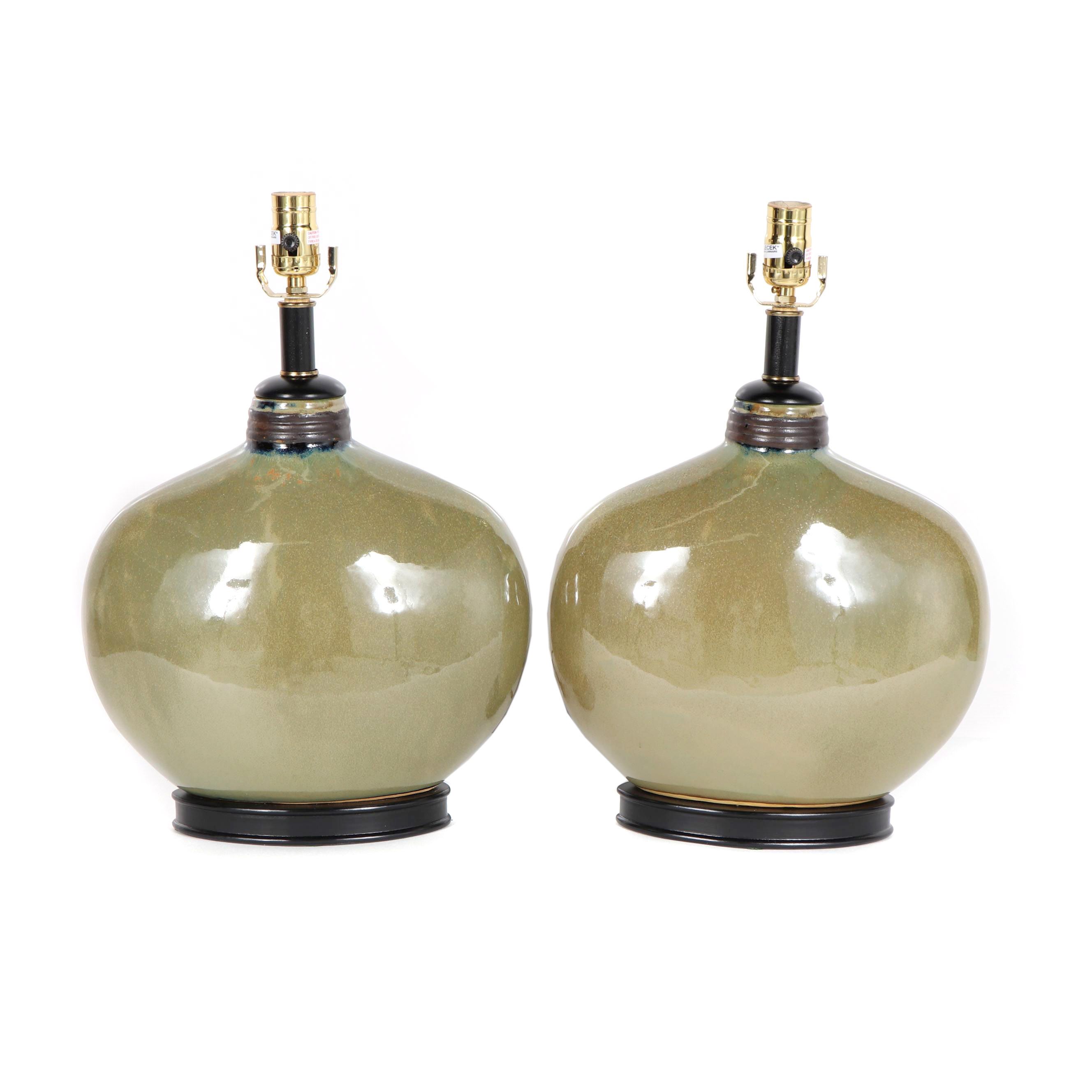 Olive Green Ceramic Table Lamps with Oval Bases
