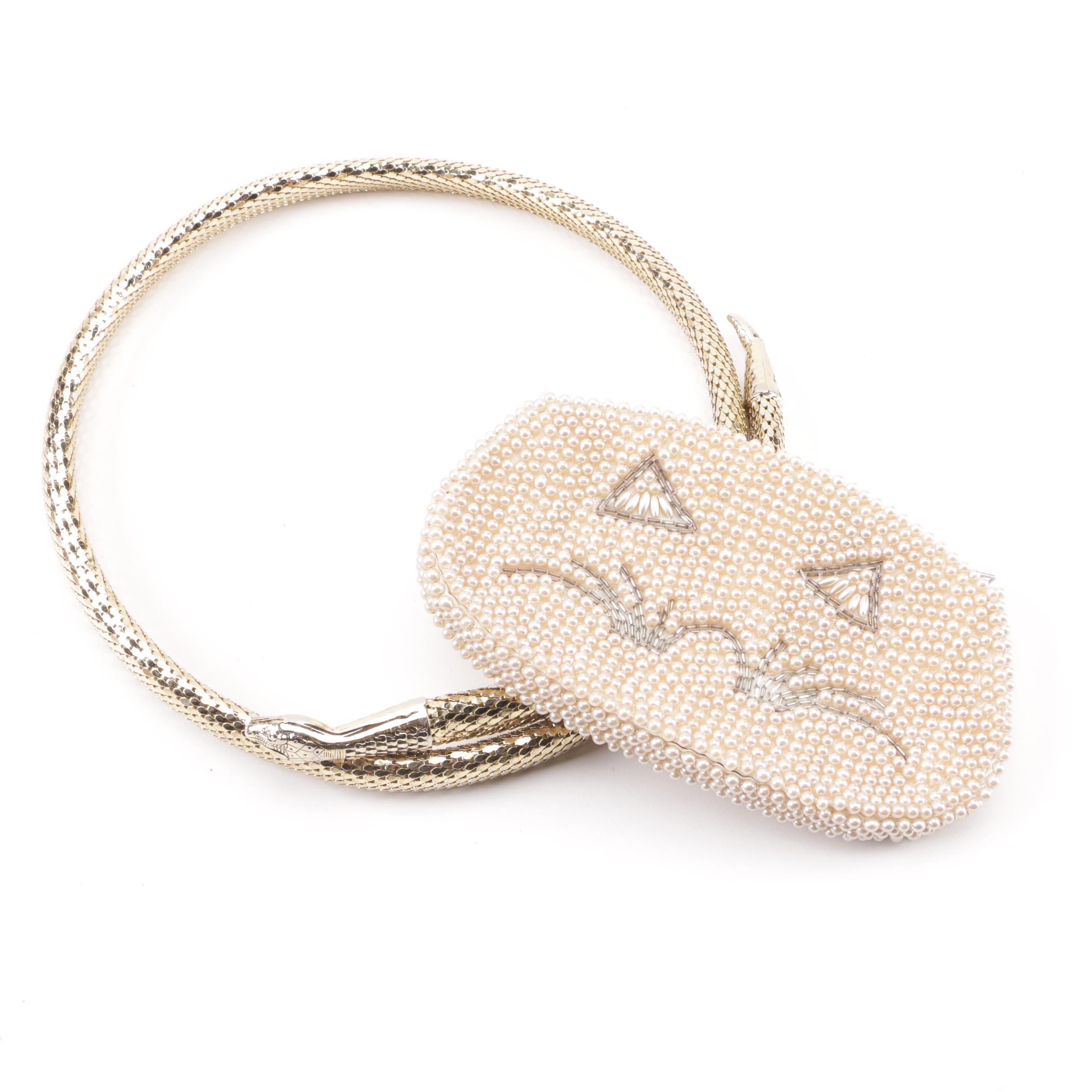 Vintage Whiting and Davis Gold Tone Mesh Snake Belt and Unmarked Beaded Pouch