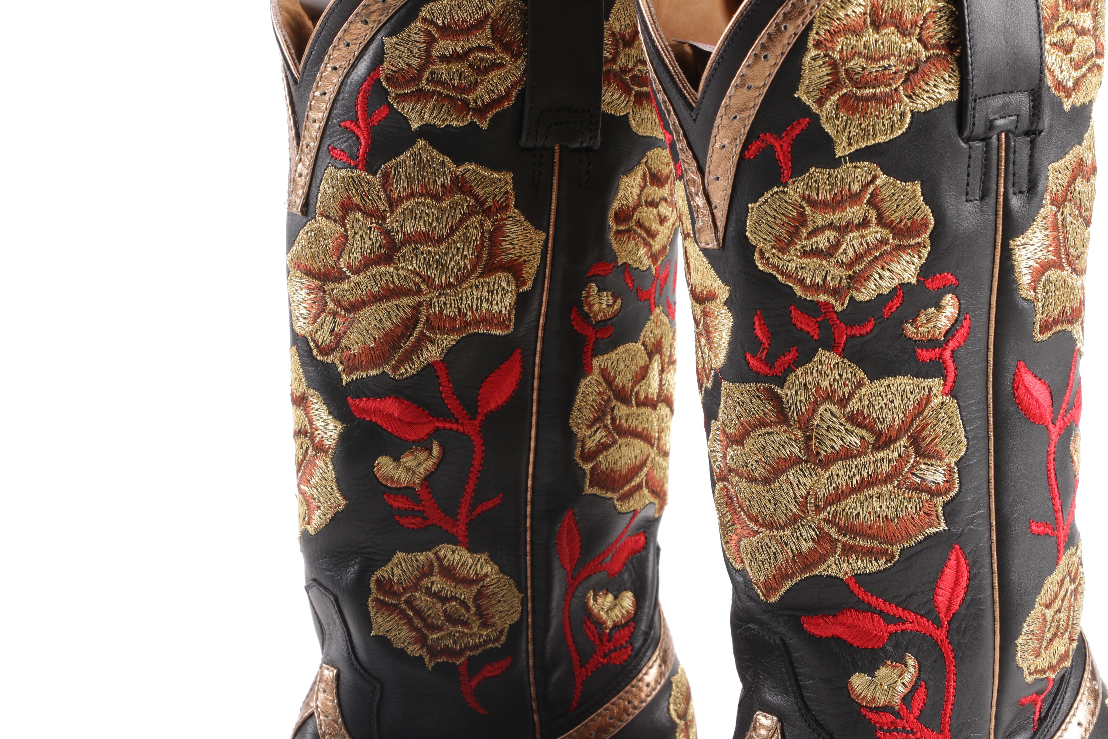 Women's Lucchese Gold and Red Rose Embroidered Black Leather Boots with Box