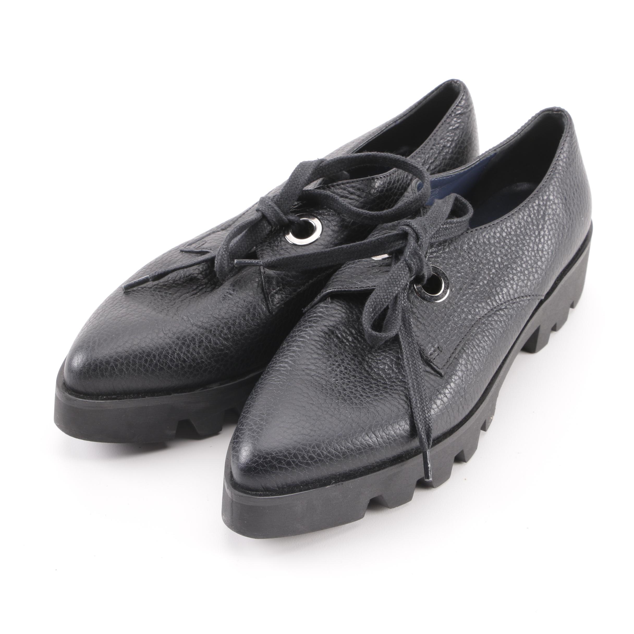 Women's Pollini Black Leather Pointed Toe Platform Derby Shoes, Made in Italy