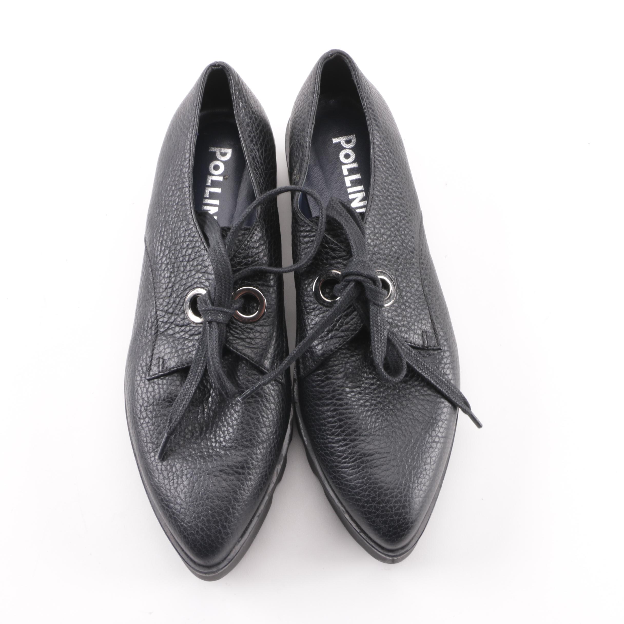 Women's Pollini Black Leather Pointed Toe Platform Derby Shoes, Made in Italy