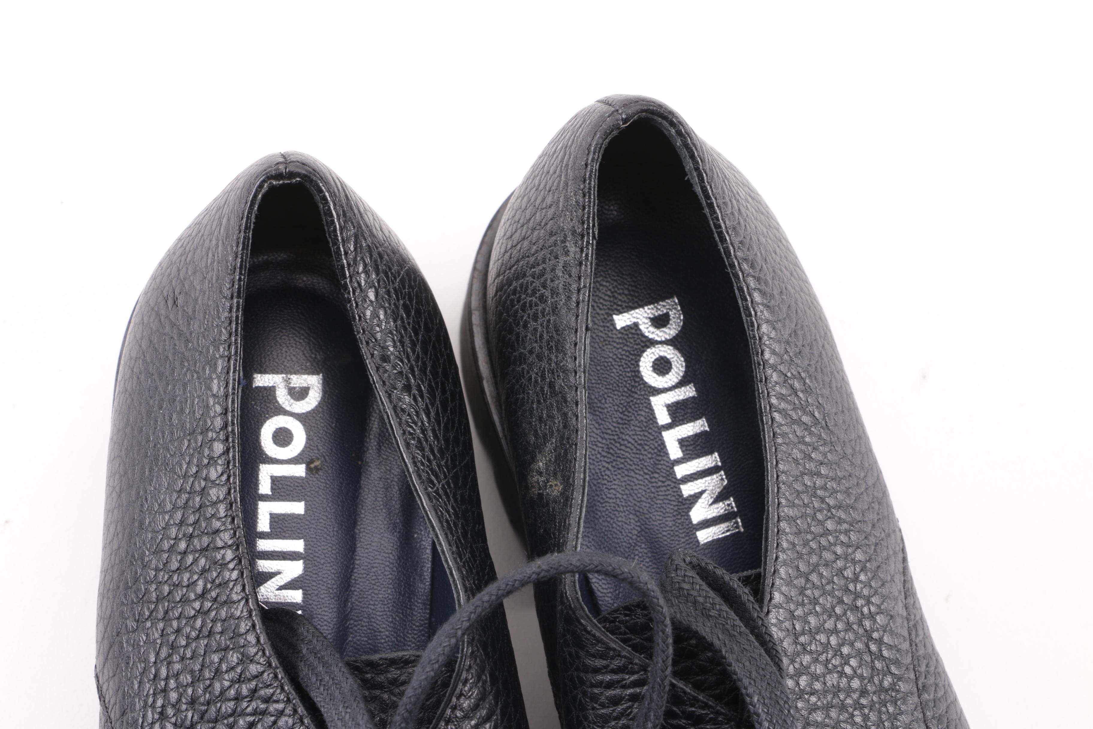 Women's Pollini Black Leather Pointed Toe Platform Derby Shoes, Made in Italy