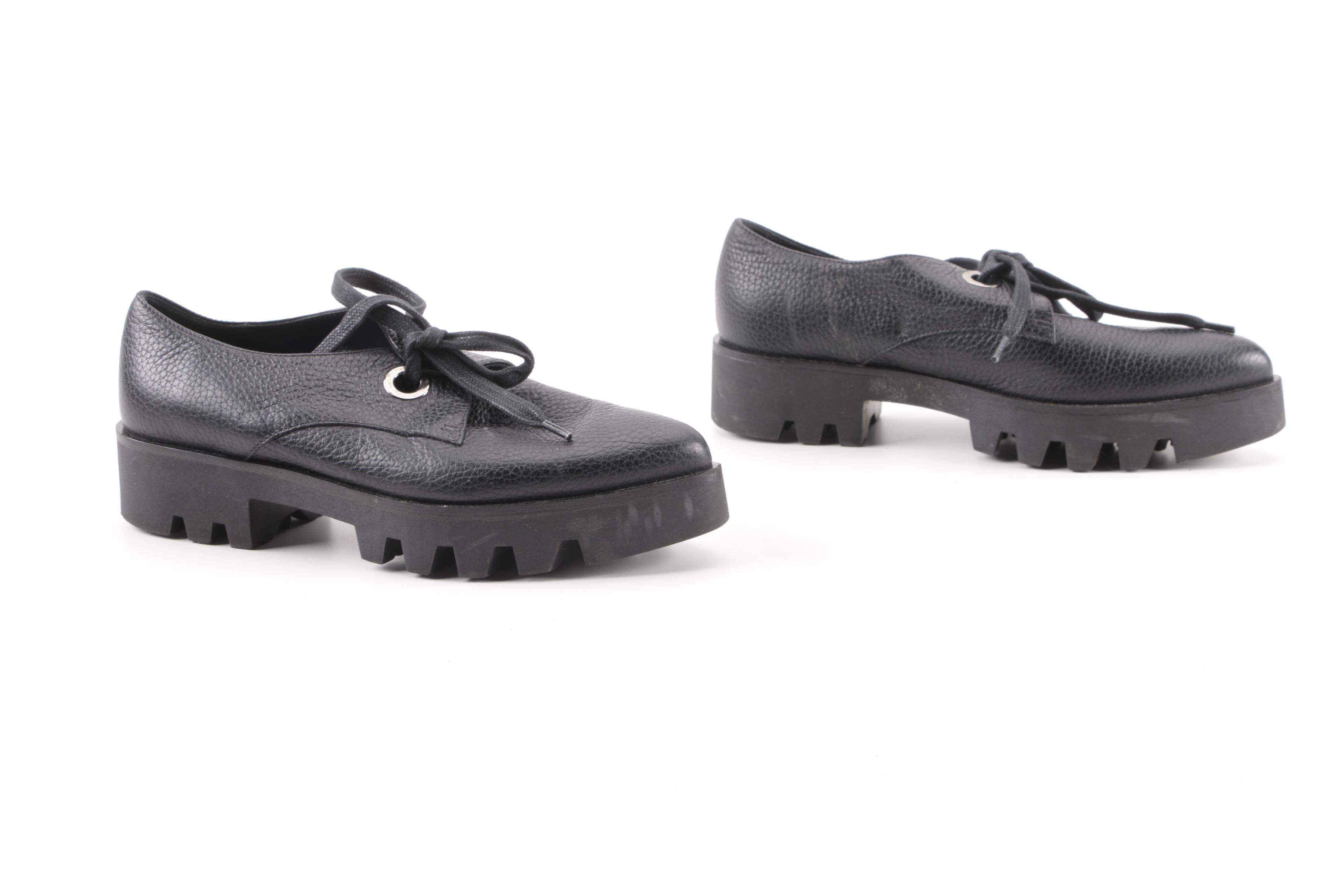 Women's Pollini Black Leather Pointed Toe Platform Derby Shoes, Made in Italy