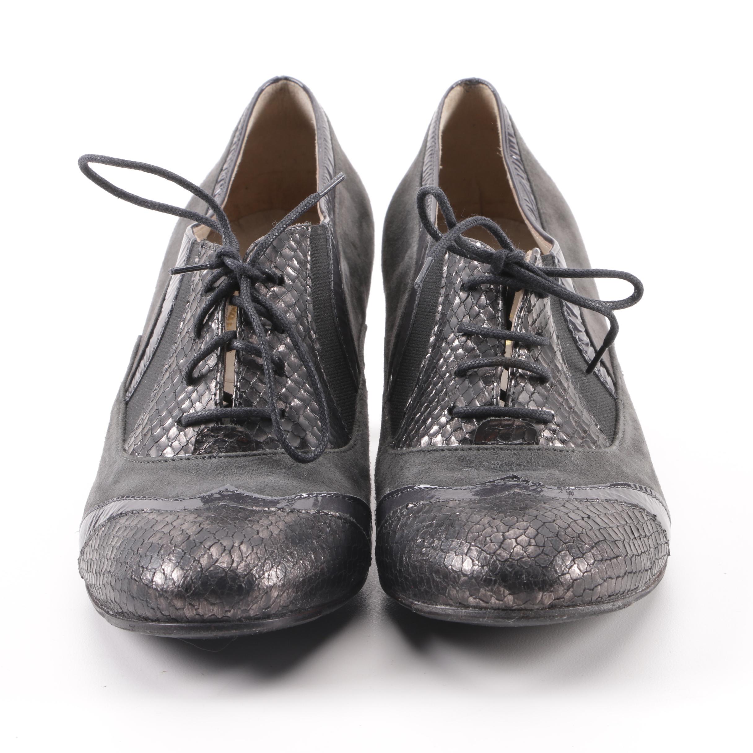 Bettina Grey Snakeskin, Suede and Leather Oxford Heels, Made in Italy