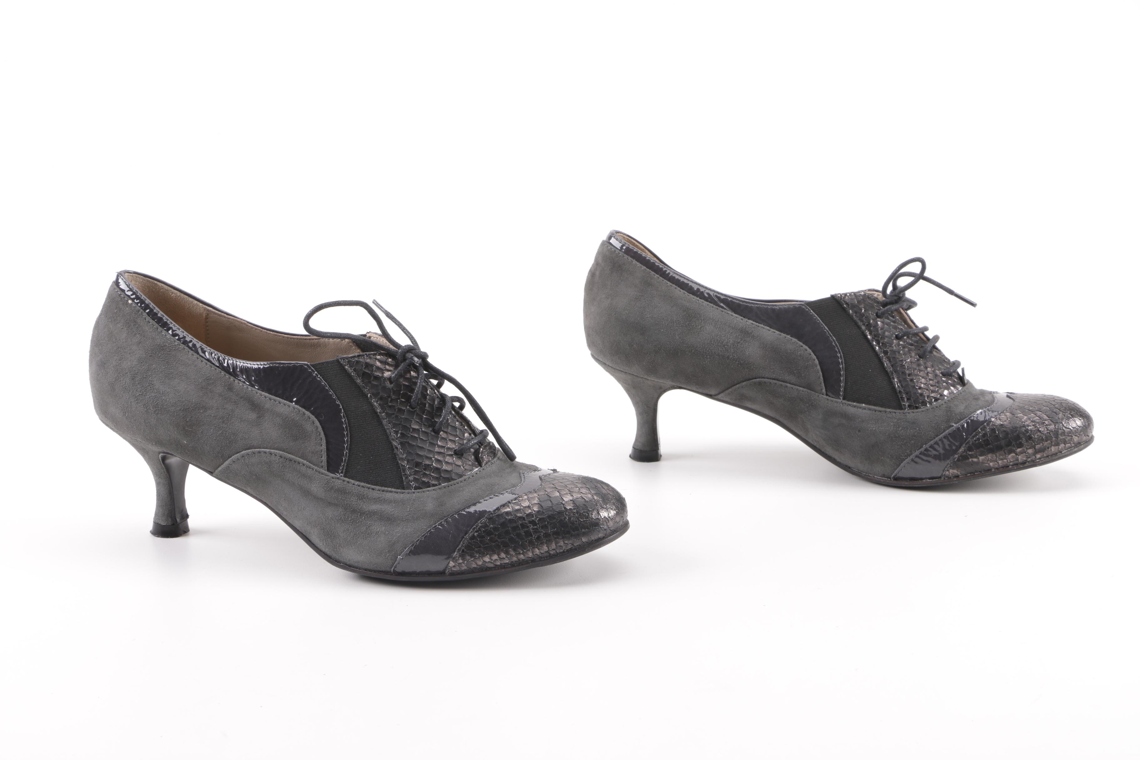 Bettina Grey Snakeskin, Suede and Leather Oxford Heels, Made in Italy