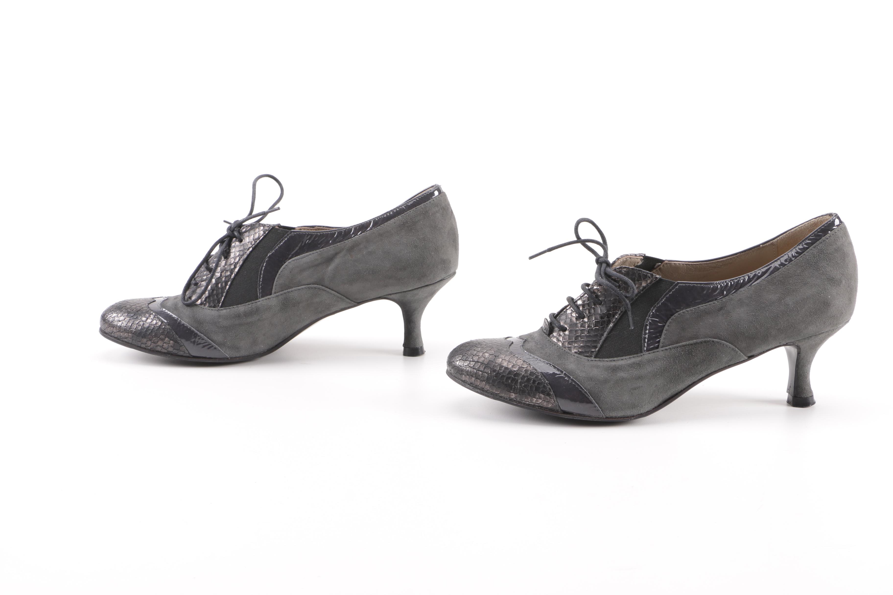 Bettina Grey Snakeskin, Suede and Leather Oxford Heels, Made in Italy