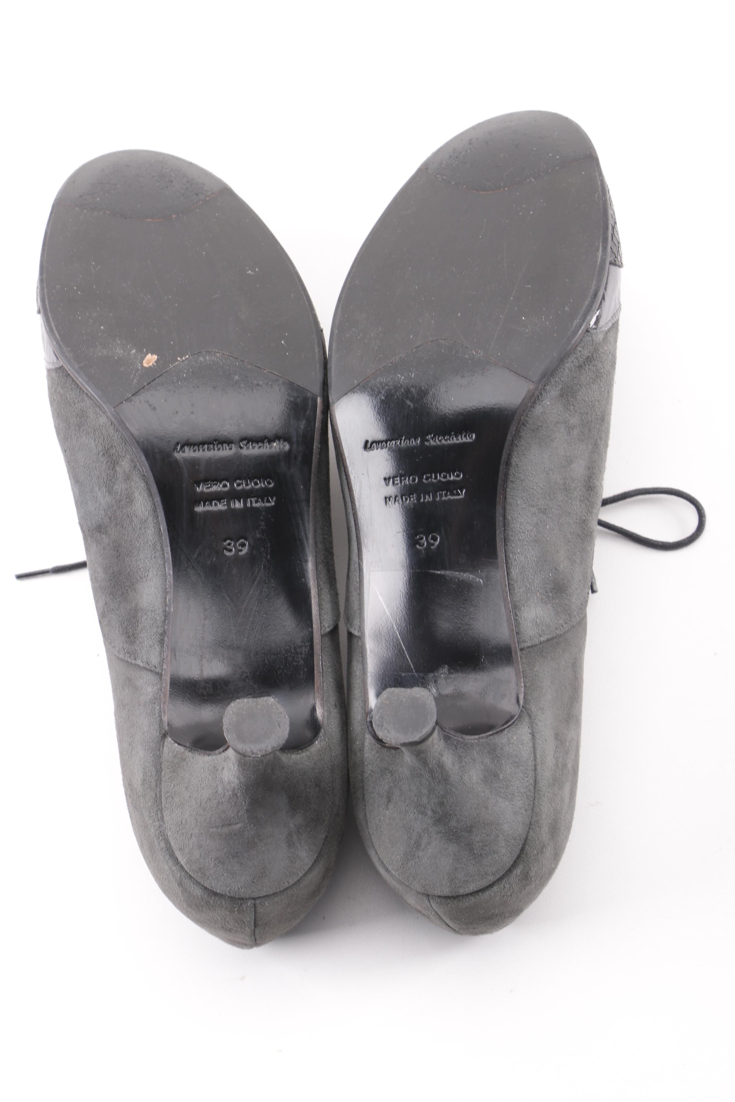 Bettina Grey Snakeskin, Suede and Leather Oxford Heels, Made in Italy