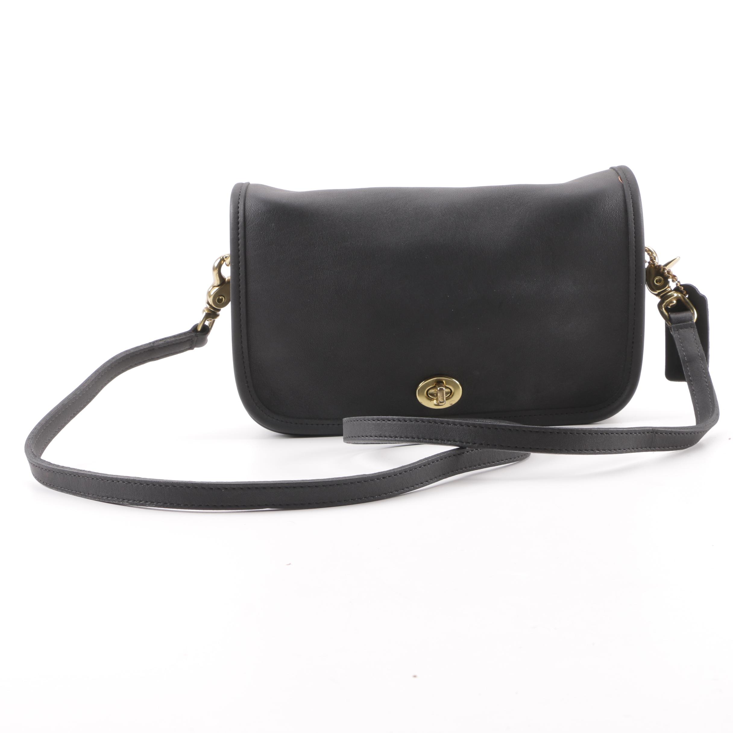 1980s Vintage Coach Black Leather Flap Front Baguette Shoulder Bag