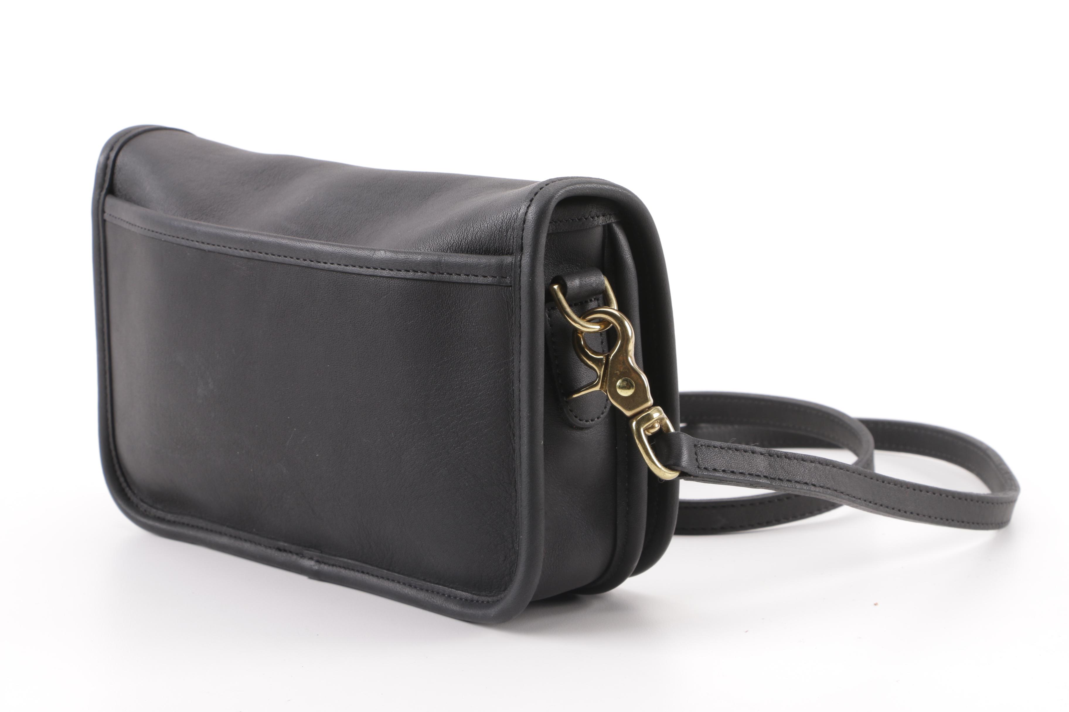 1980s Vintage Coach Black Leather Flap Front Baguette Shoulder Bag