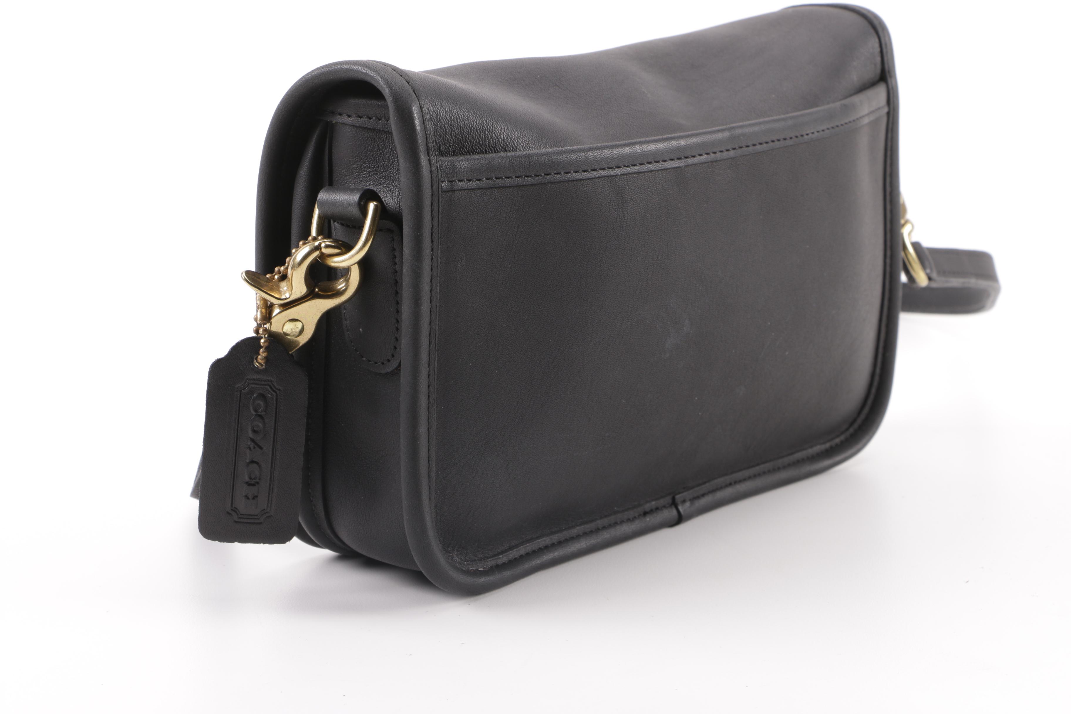 1980s Vintage Coach Black Leather Flap Front Baguette Shoulder Bag