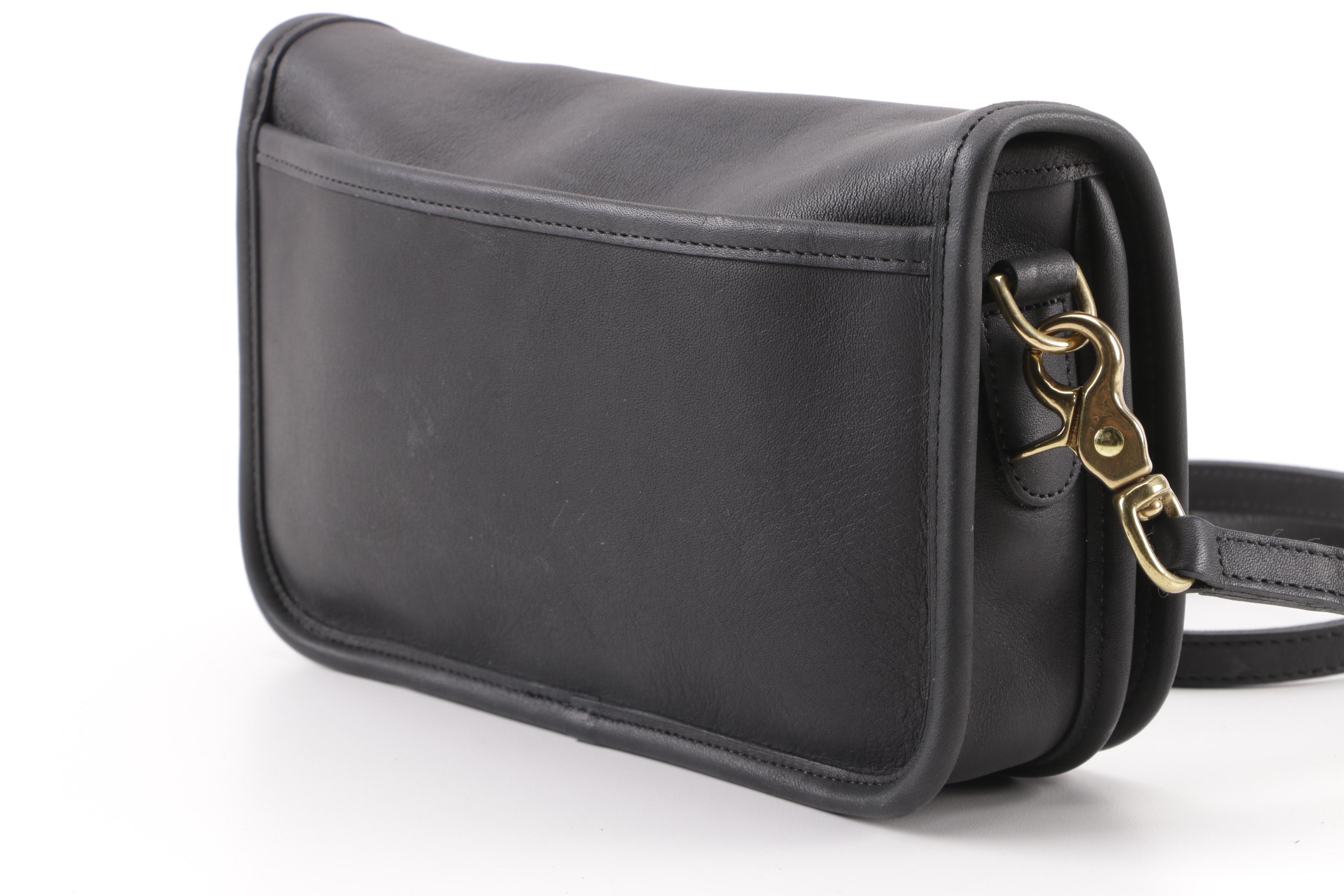 1980s Vintage Coach Black Leather Flap Front Baguette Shoulder Bag