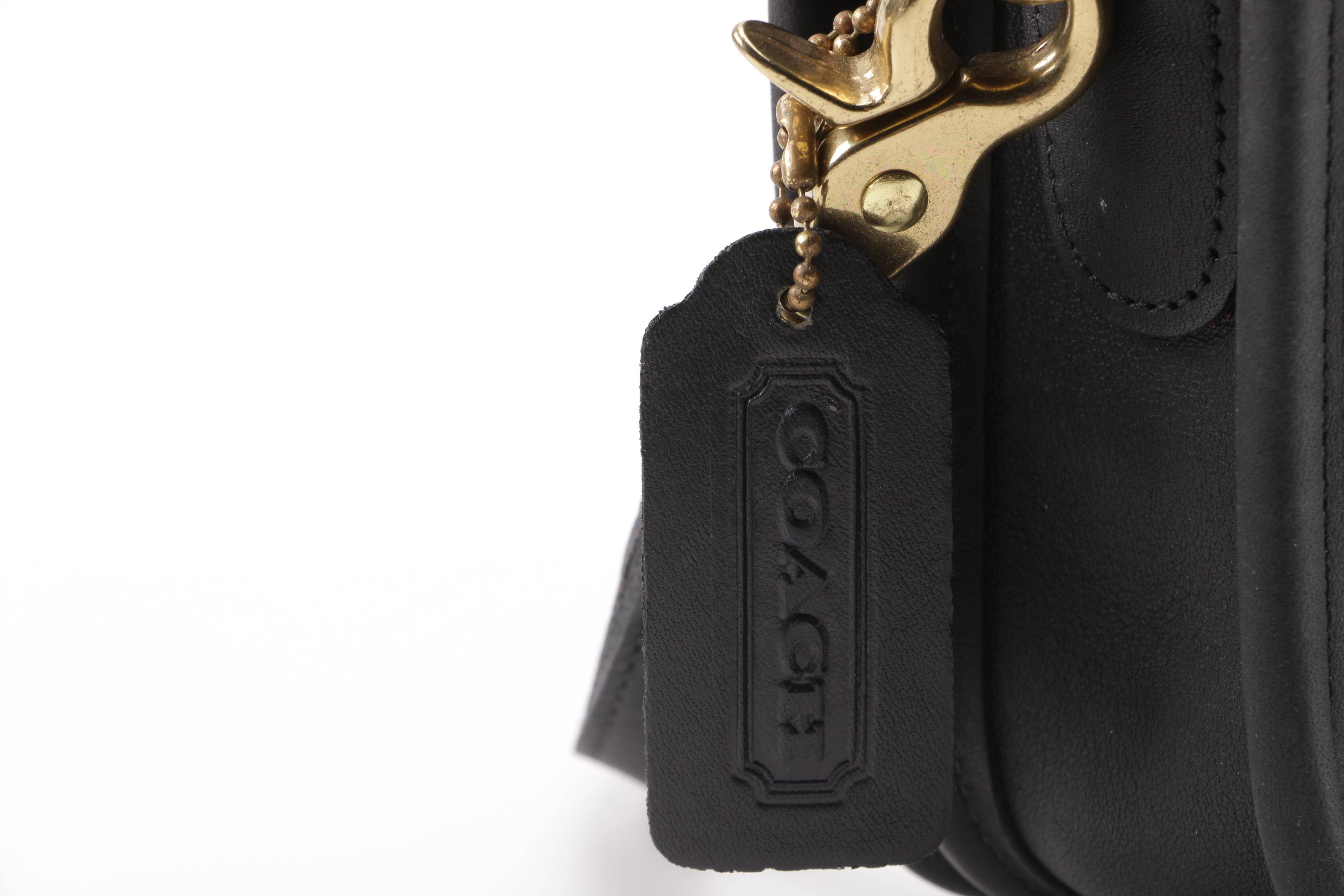 1980s Vintage Coach Black Leather Flap Front Baguette Shoulder Bag