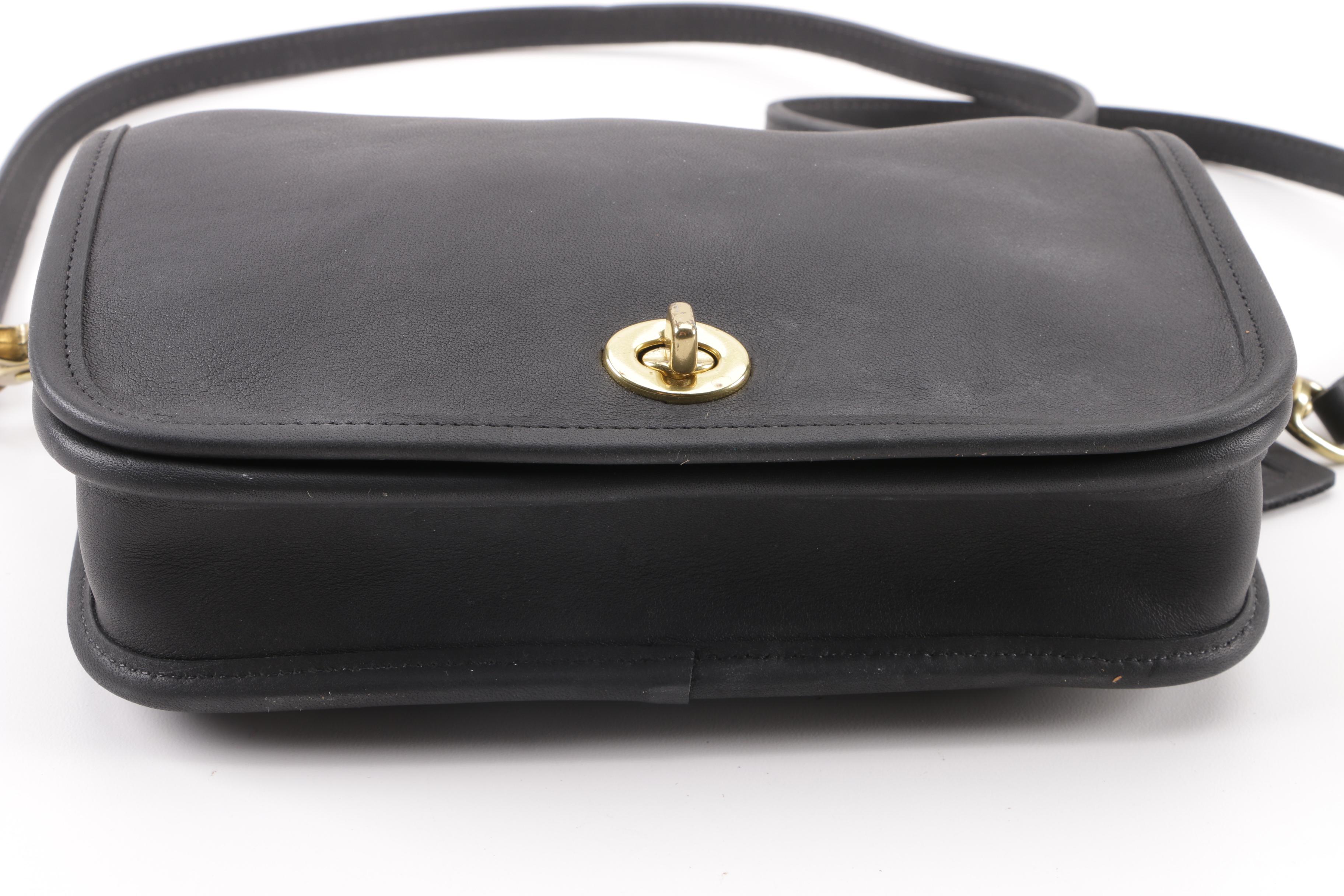 1980s Vintage Coach Black Leather Flap Front Baguette Shoulder Bag