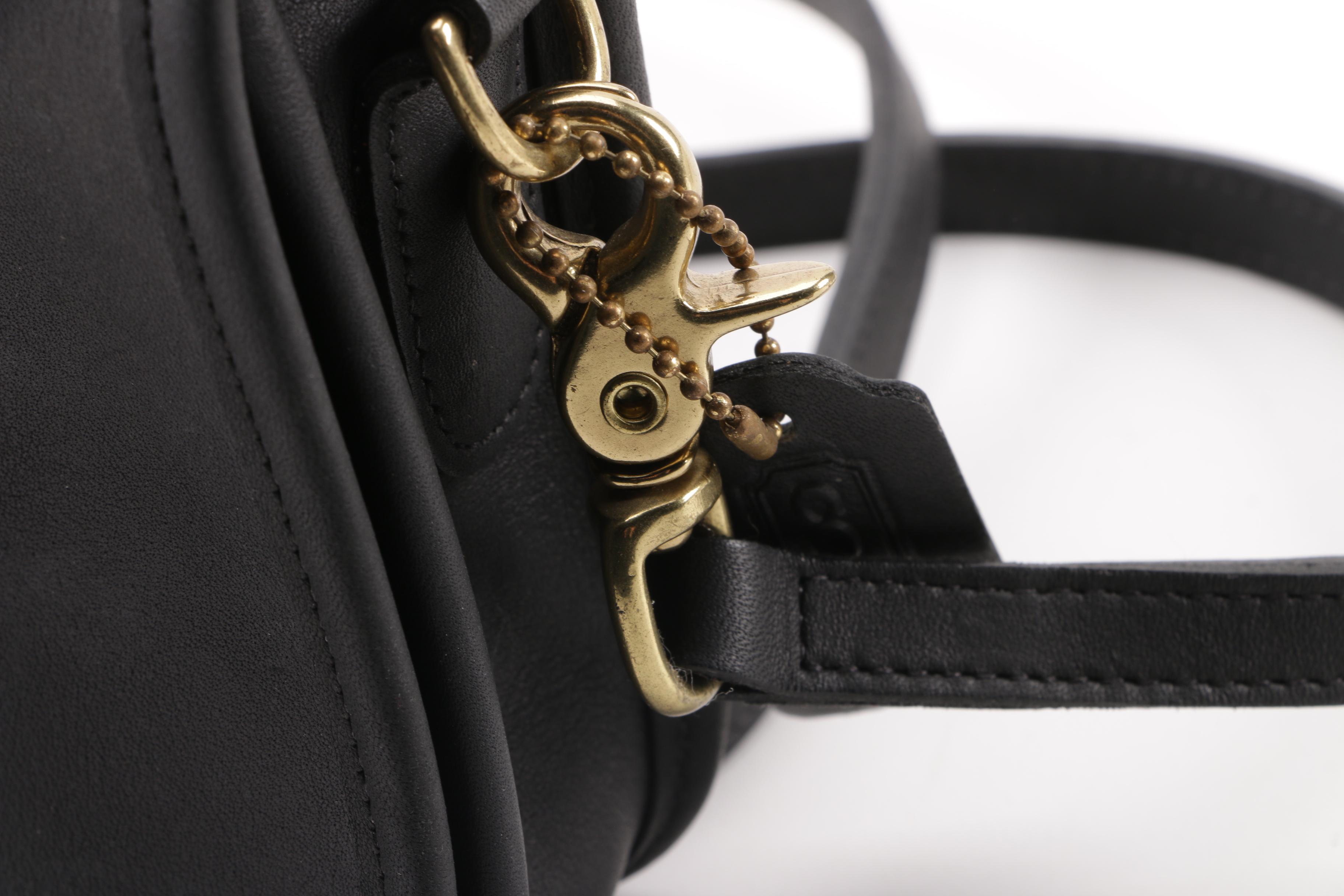 1980s Vintage Coach Black Leather Flap Front Baguette Shoulder Bag