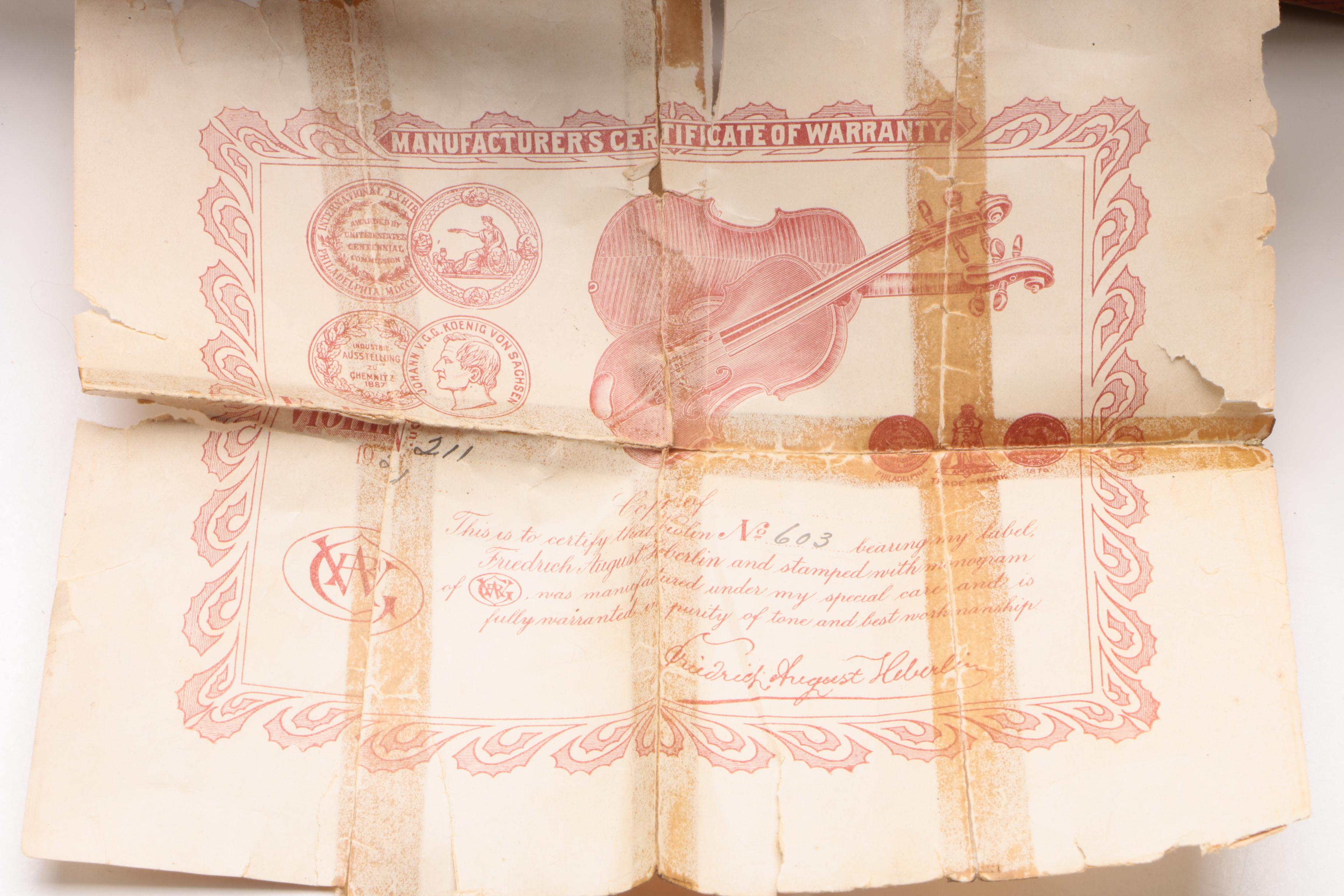 Friedrich August Heberlein No. 603 Stradivarius Copy Violin, 1920