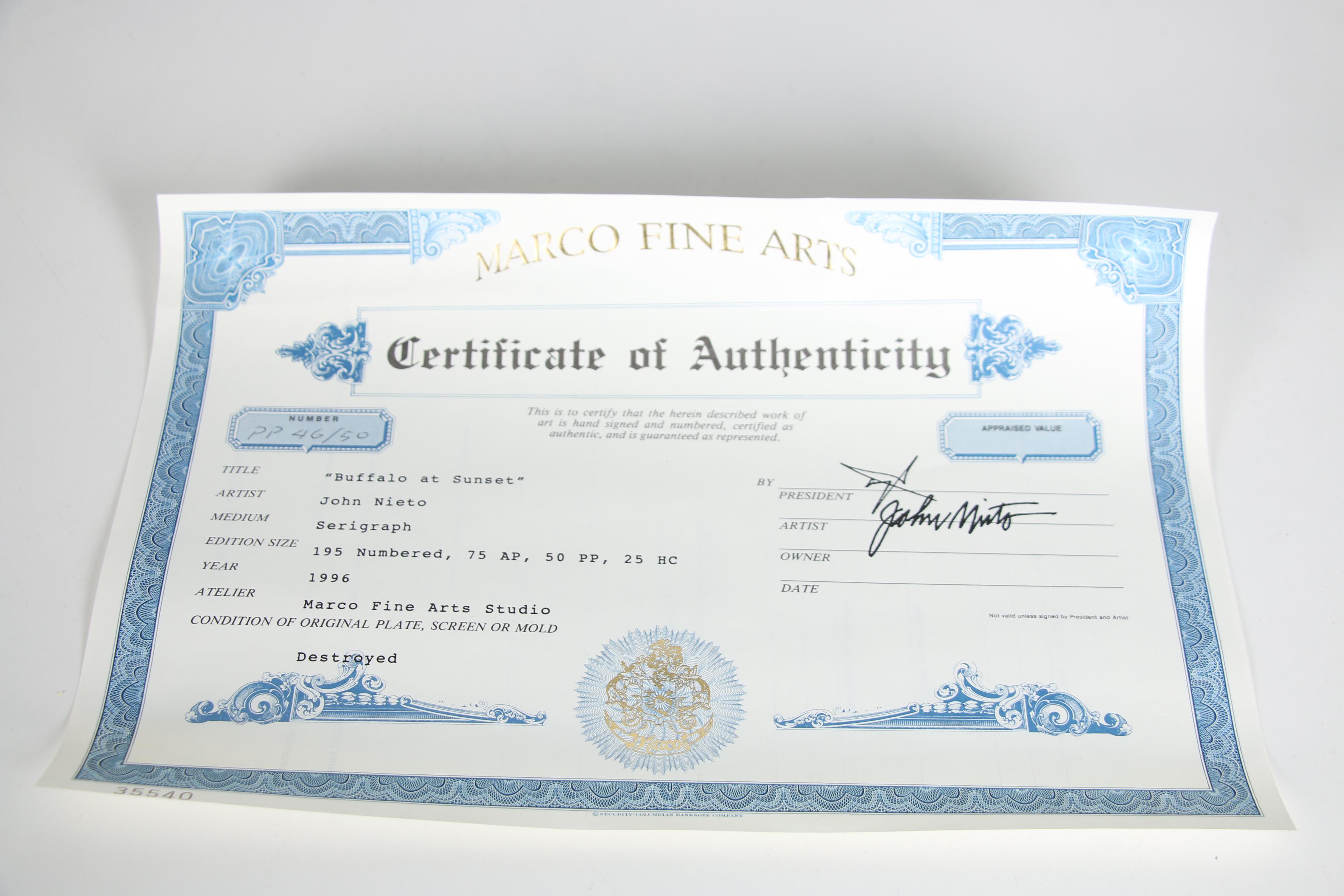 John Nieto Serigraph "Buffalo at Sunset"