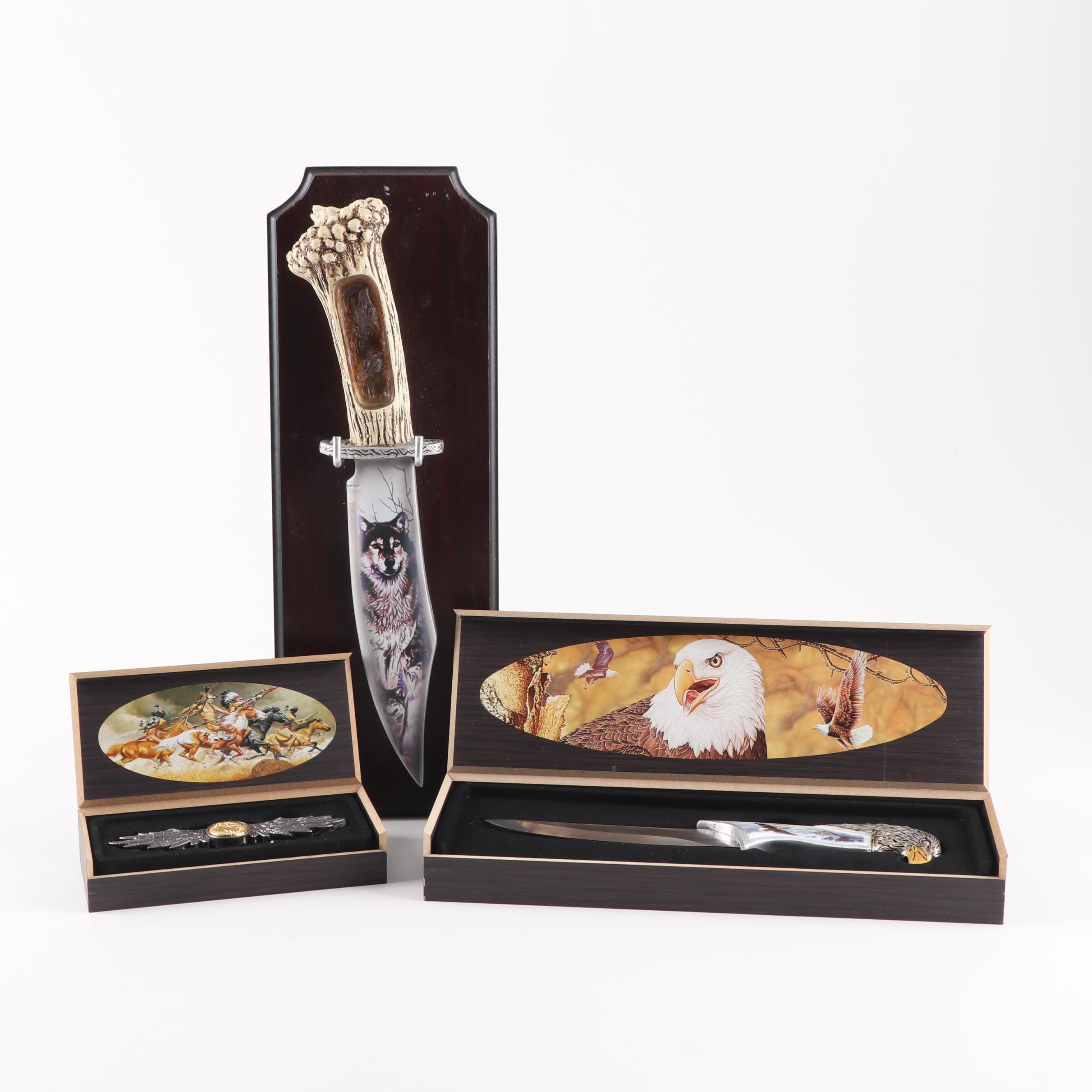 Decorative Knife Collection with Native American, Bald Eagle and Wolf Motifs