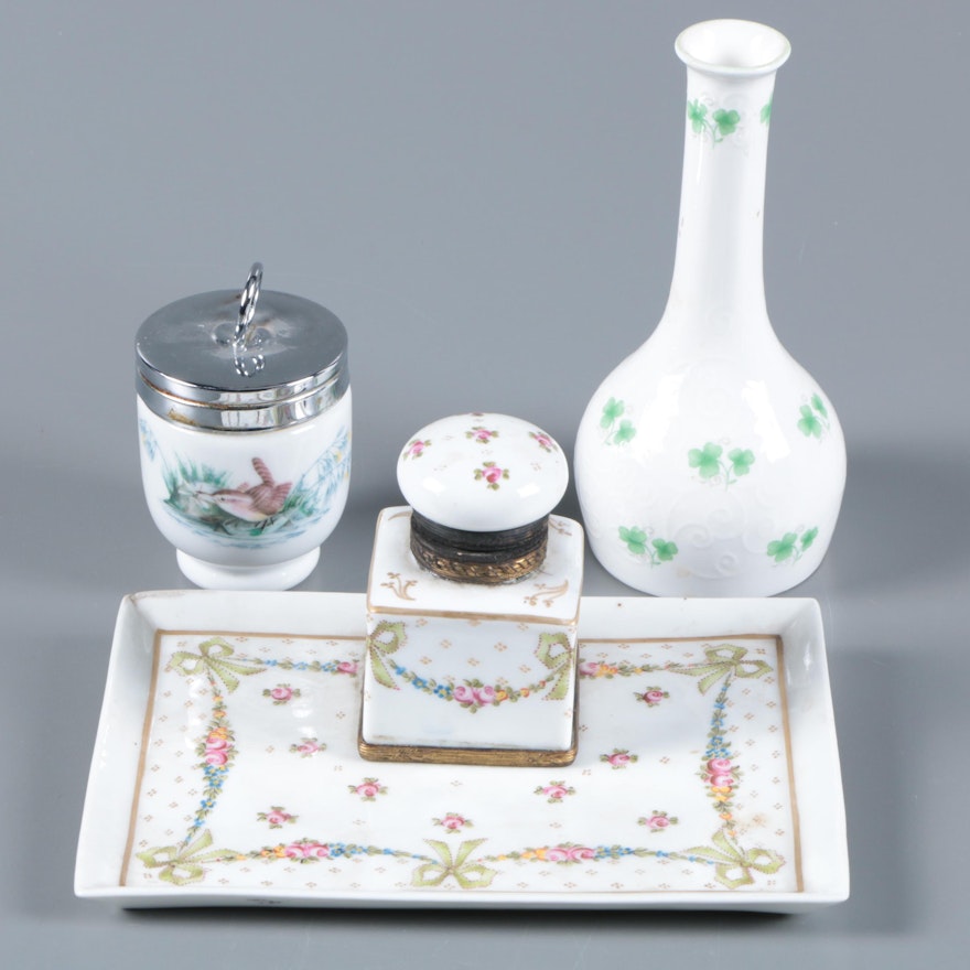 Hand-Painted Porcelain Inkwell and Tray with Egg Coddler and Bud Vase