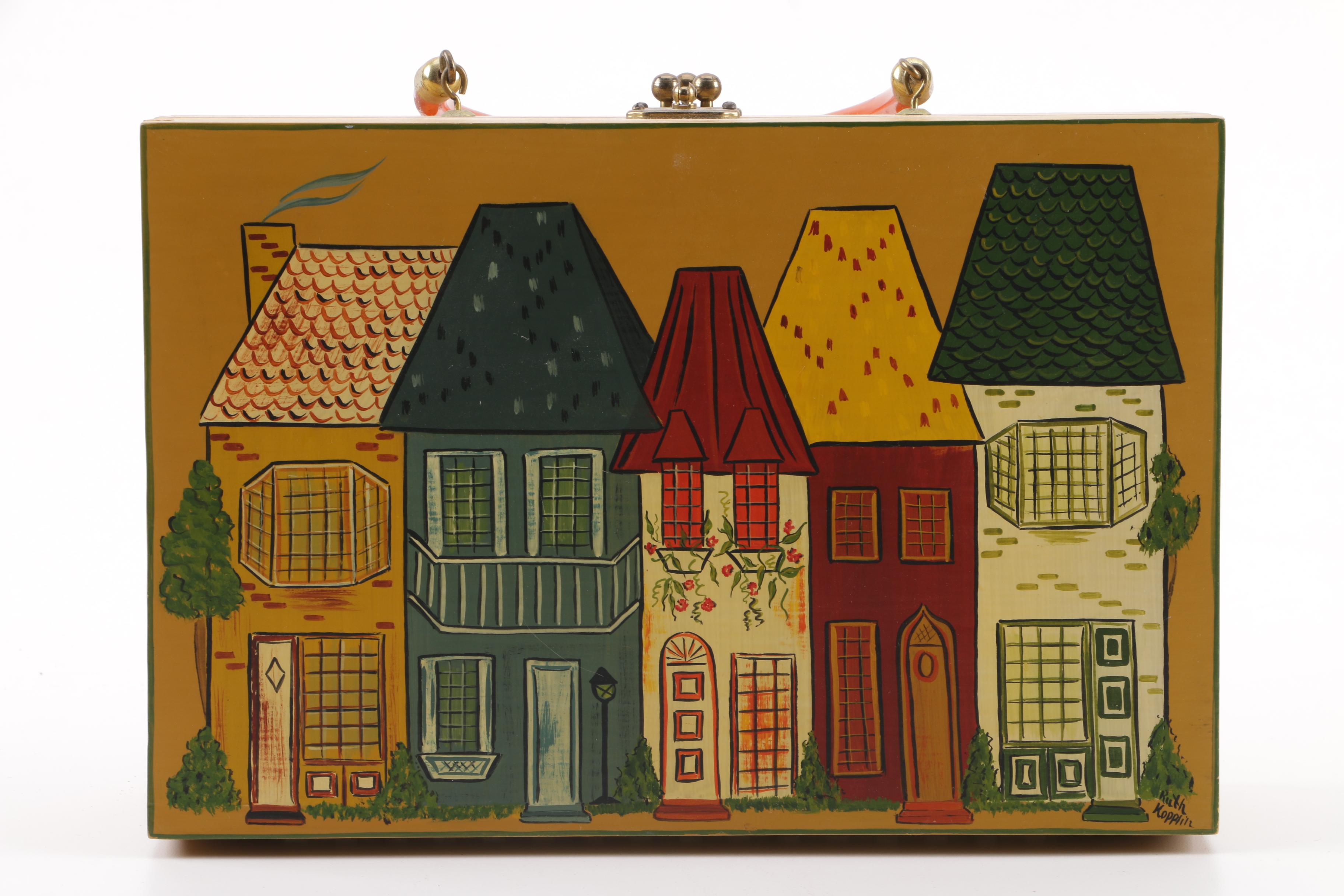 Vintage Dutch Style House Motif Hand-Painted Handbag Signed by Artist