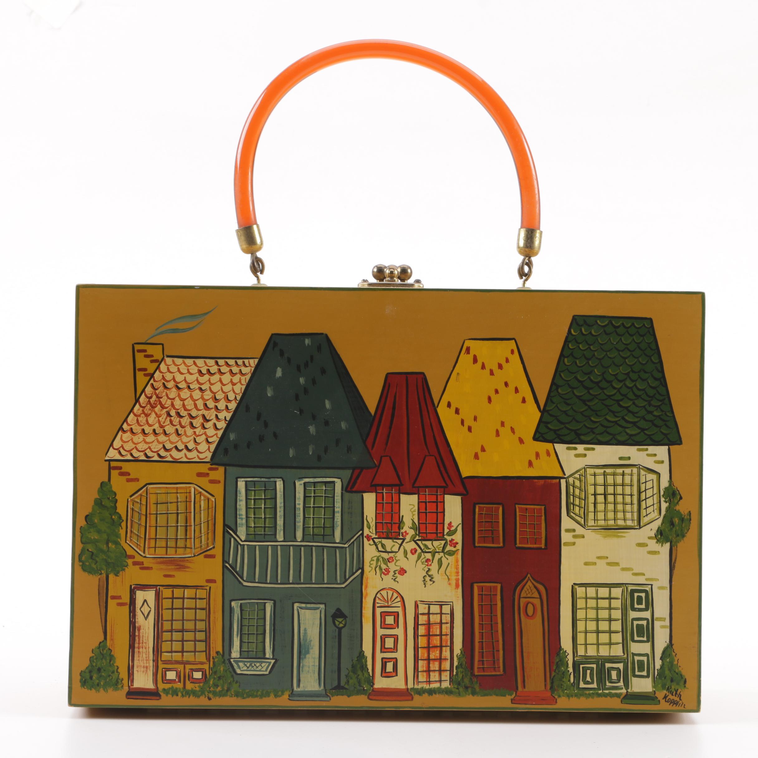 Vintage Dutch Style House Motif Hand-Painted Handbag Signed by Artist