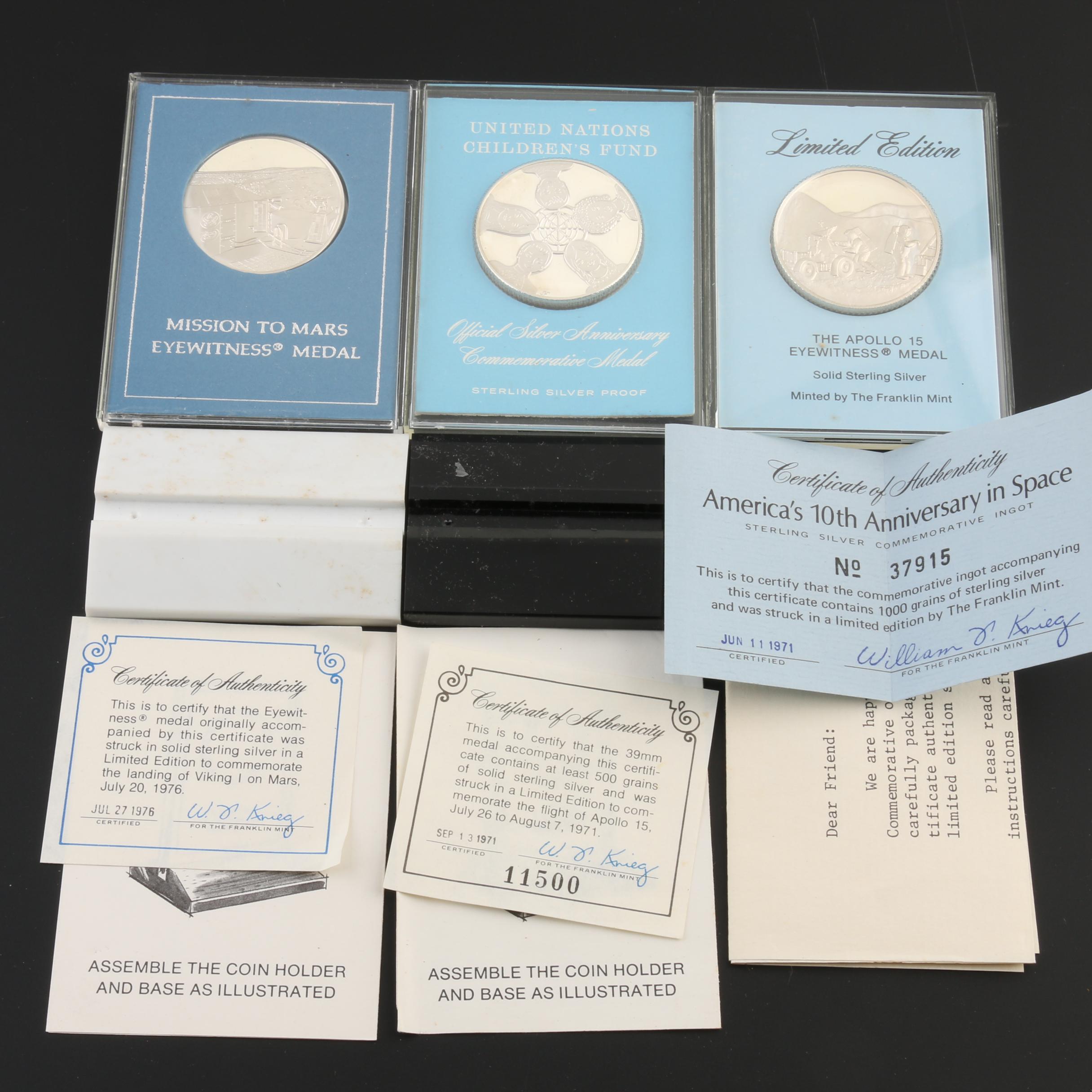 Three Commemorative Franklin Mint Silver Proof Medals