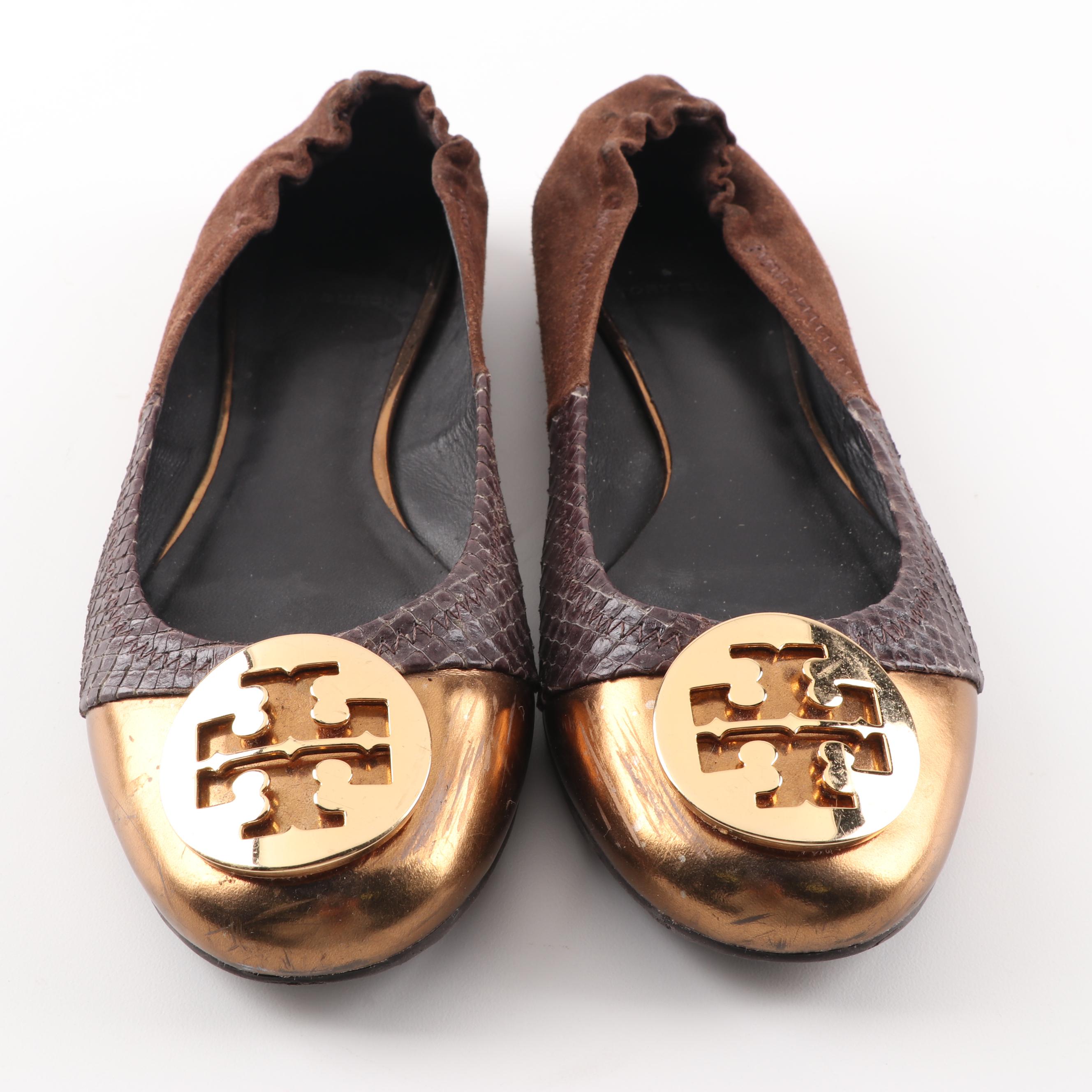 Tory Burch Brown Suede and Embossed Leather Ballet Flats