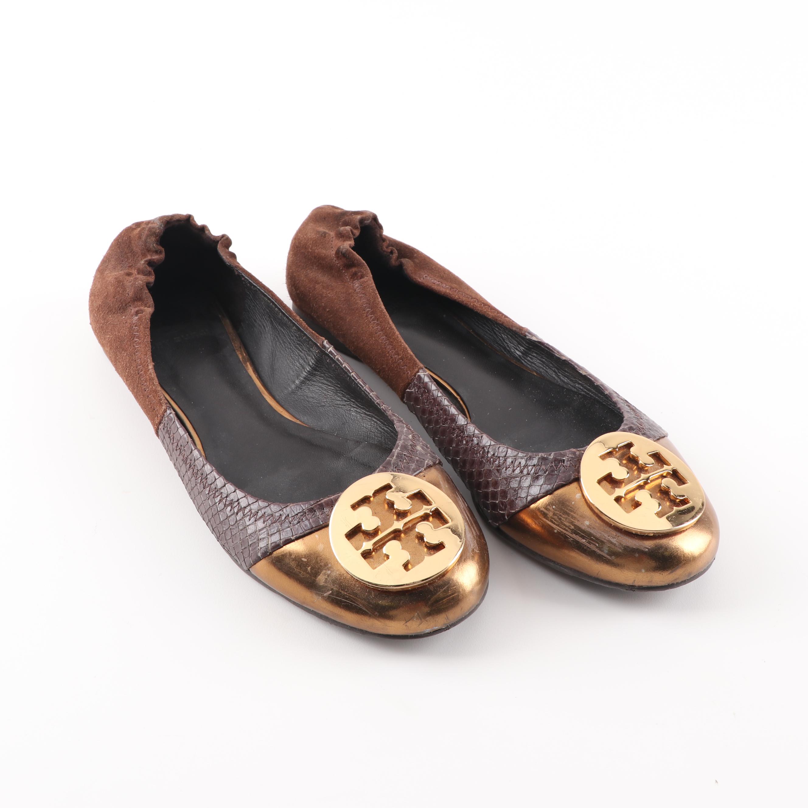 Tory Burch Brown Suede and Embossed Leather Ballet Flats
