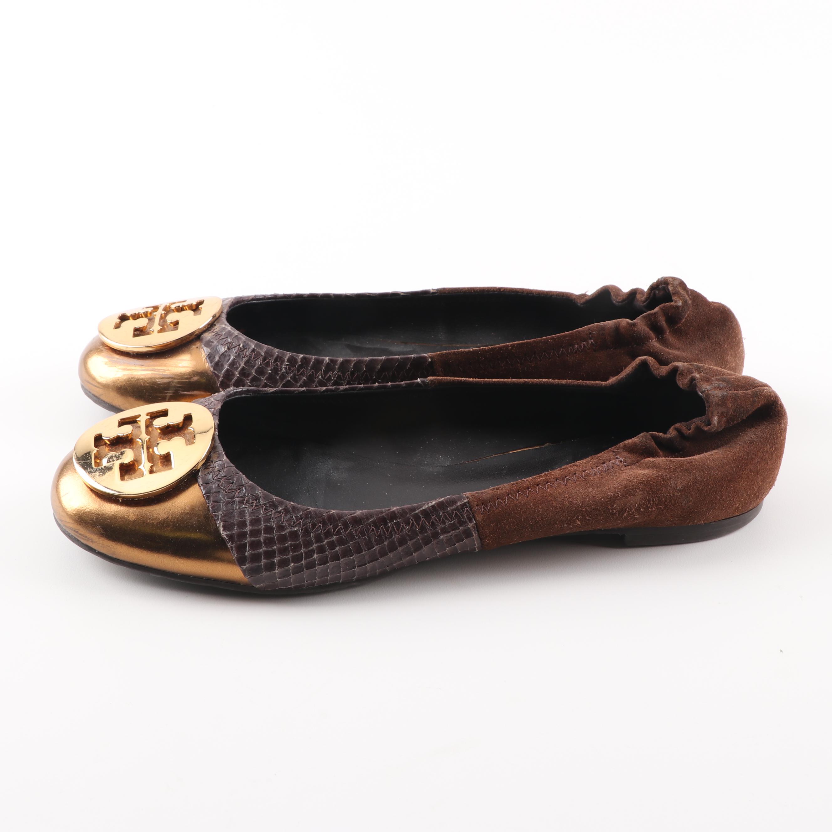 Tory Burch Brown Suede and Embossed Leather Ballet Flats