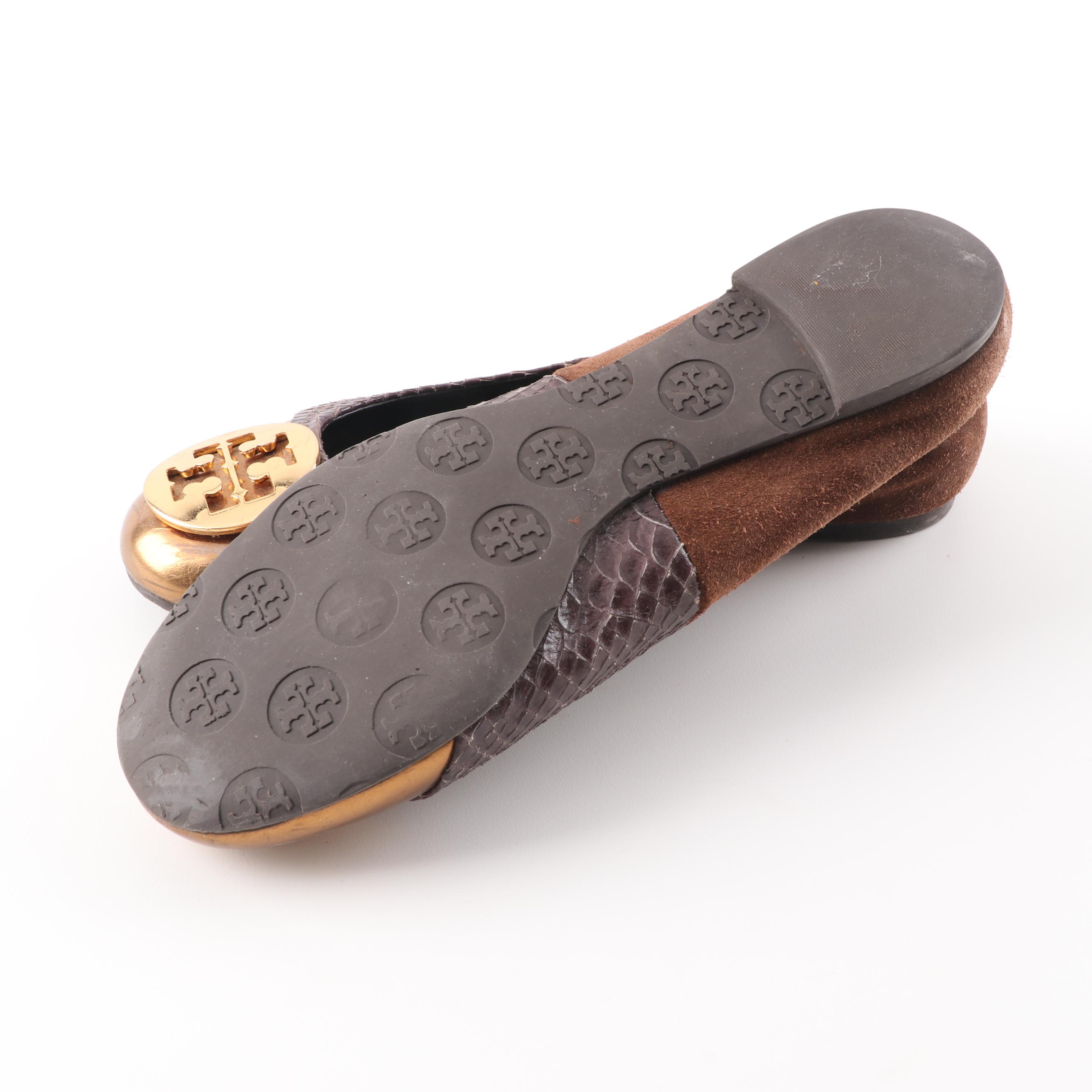 Tory Burch Brown Suede and Embossed Leather Ballet Flats