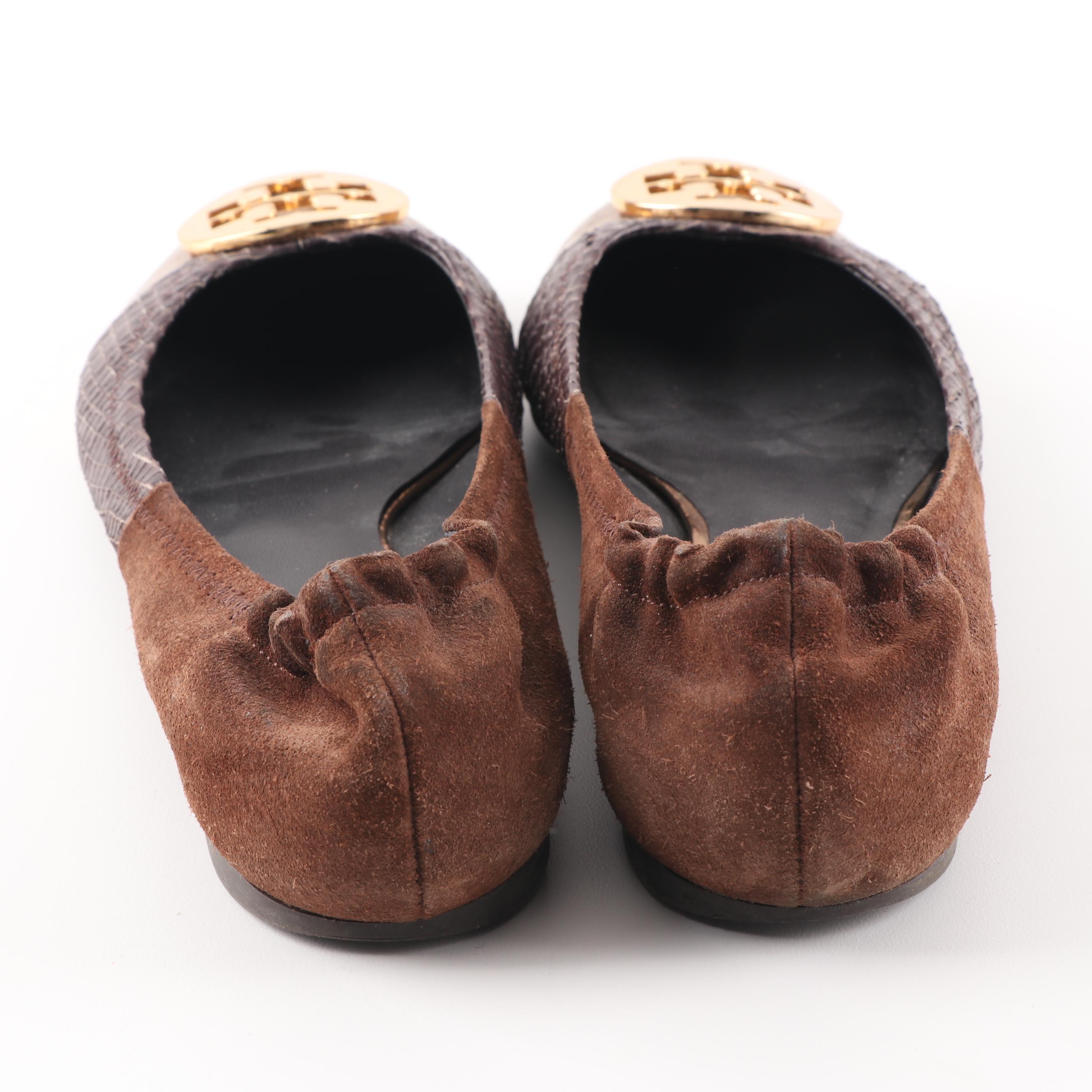 Tory Burch Brown Suede and Embossed Leather Ballet Flats