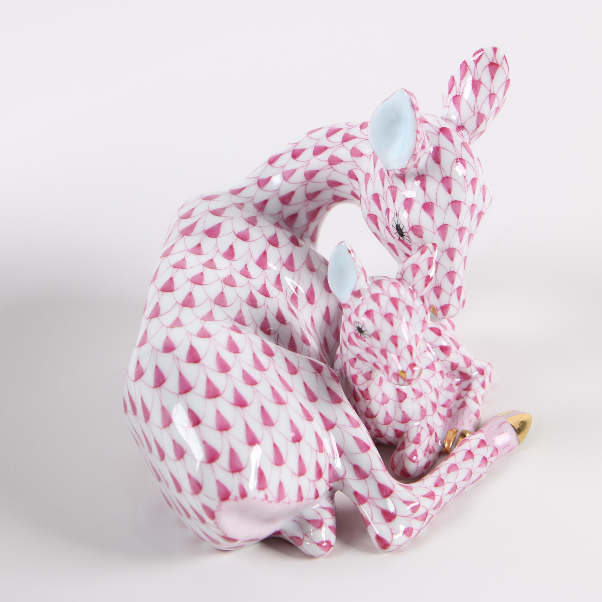 Herend Raspberry Fishnet "Deer with Fawn" Porcelain Figurine