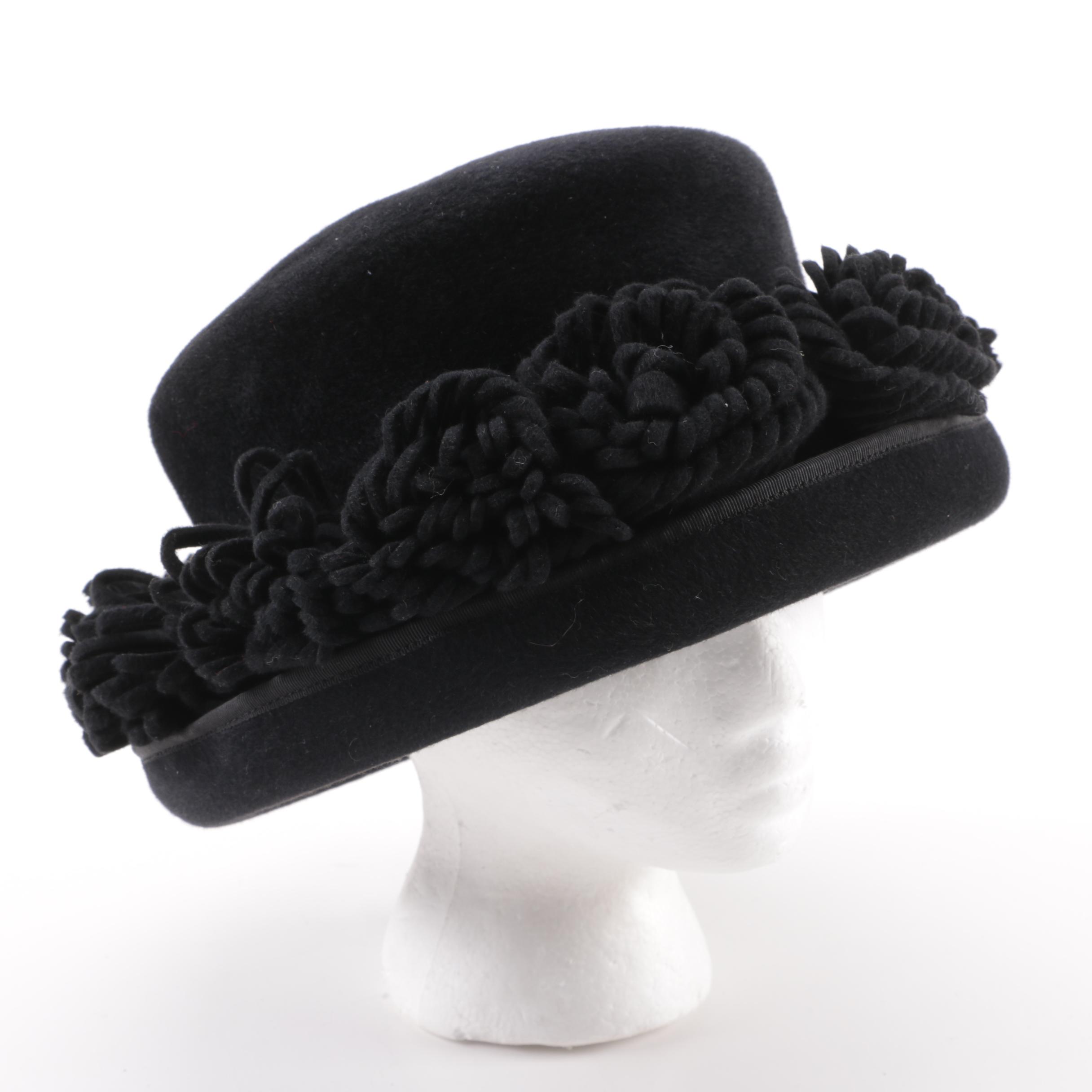 Vintage Bailey Tomlin London Black Floral Felt Brim Hat