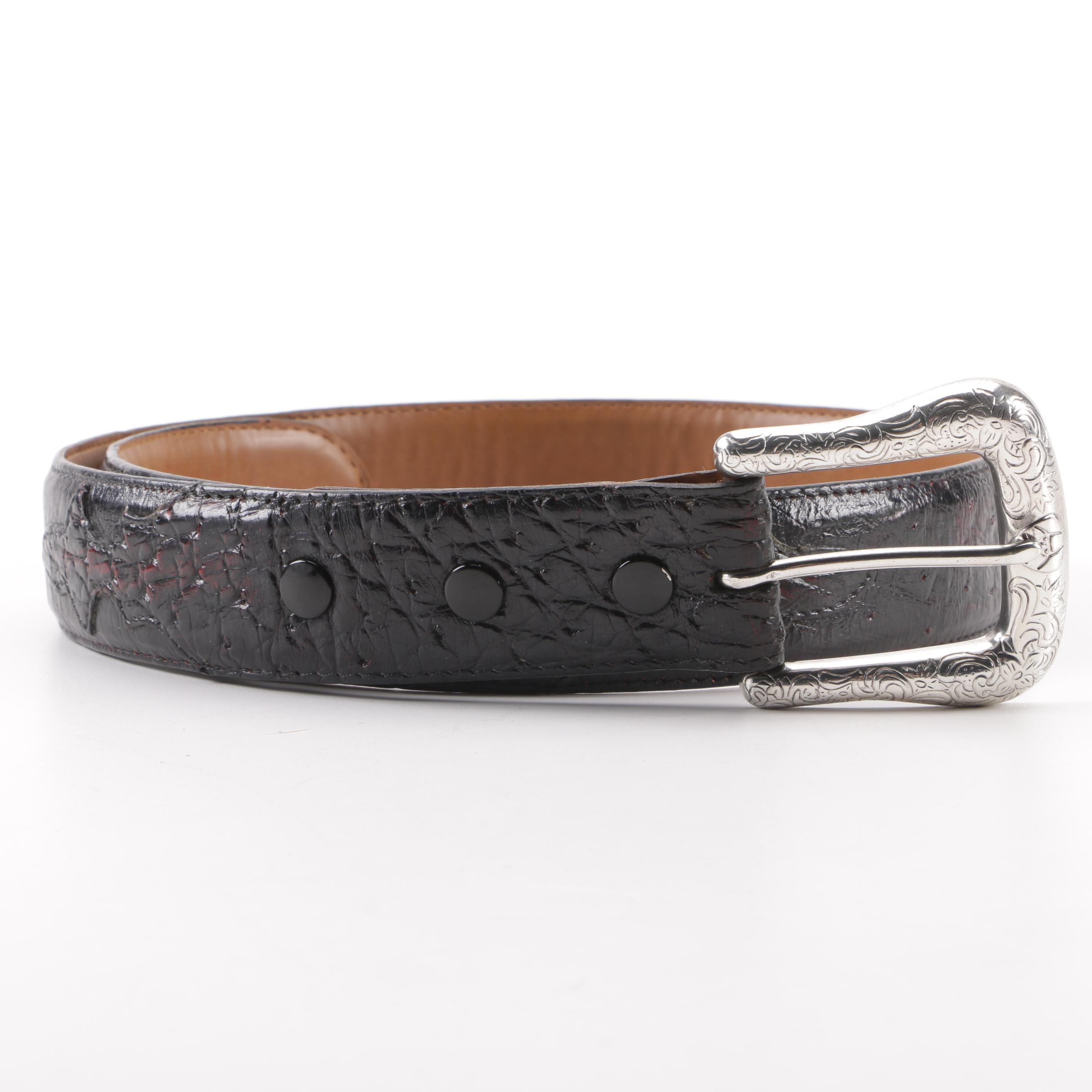 Ferrini Ostrich Leather Belt with Engraved Silver Tone Brass Buckle