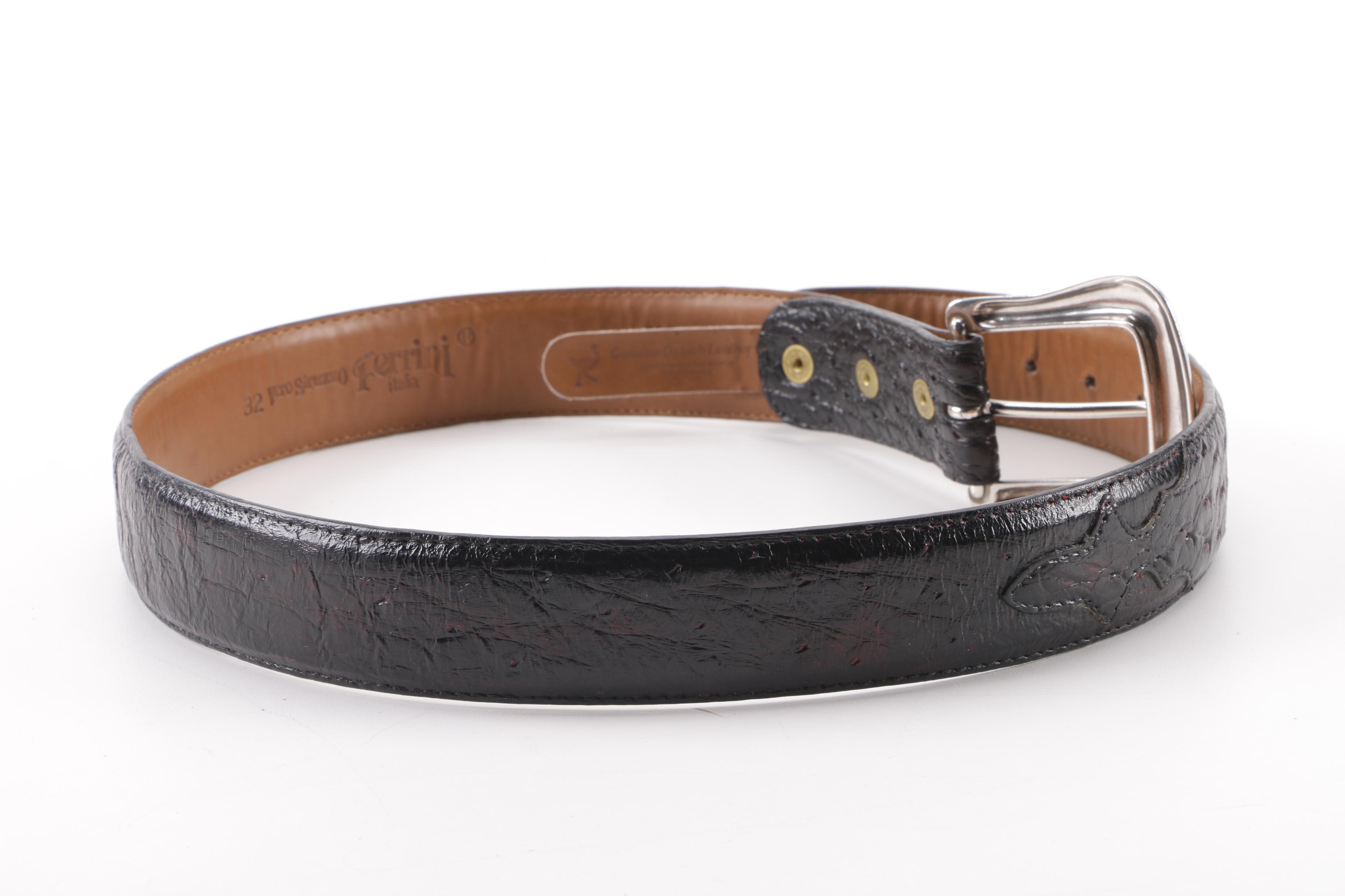Ferrini Ostrich Leather Belt with Engraved Silver Tone Brass Buckle
