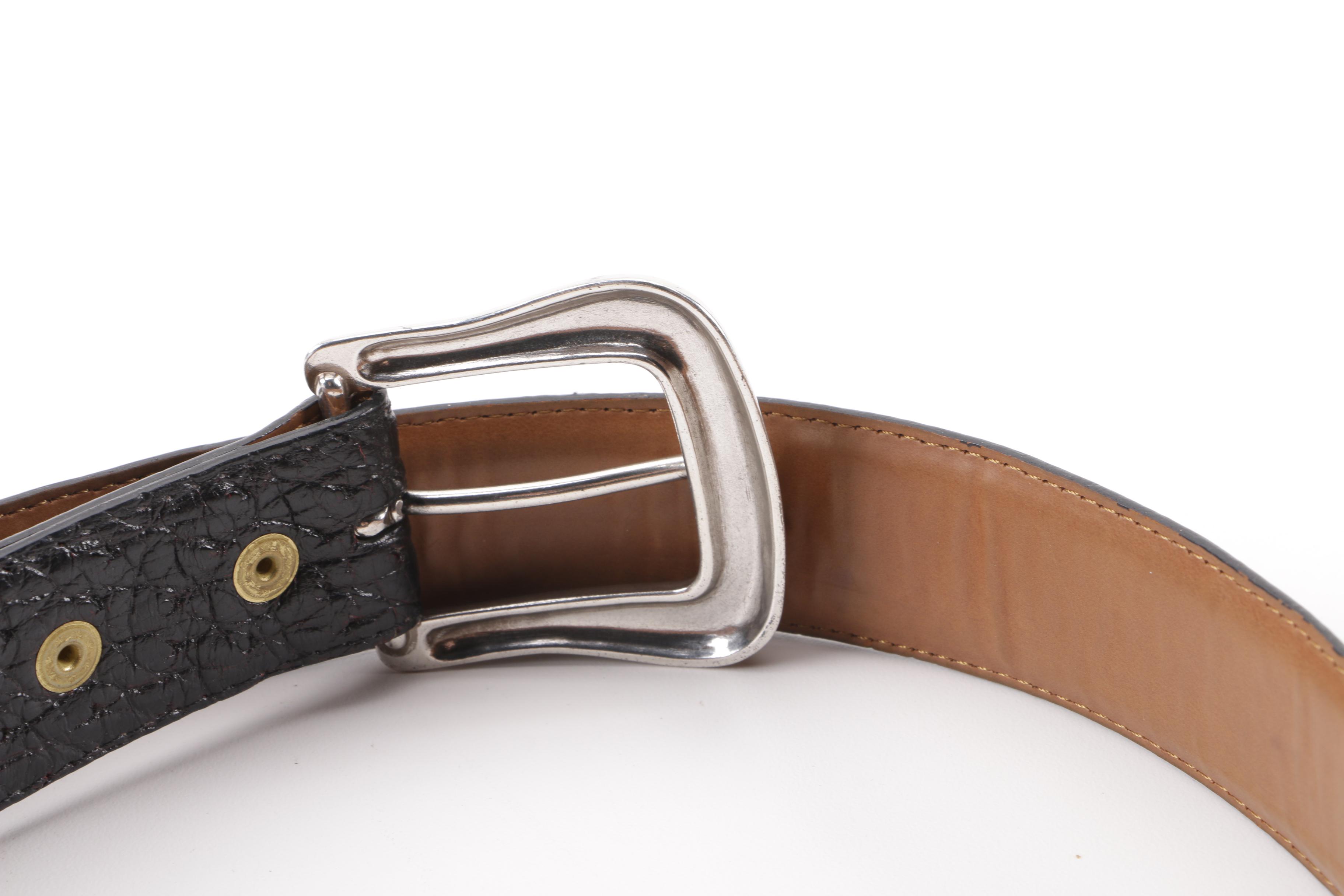 Ferrini Ostrich Leather Belt with Engraved Silver Tone Brass Buckle