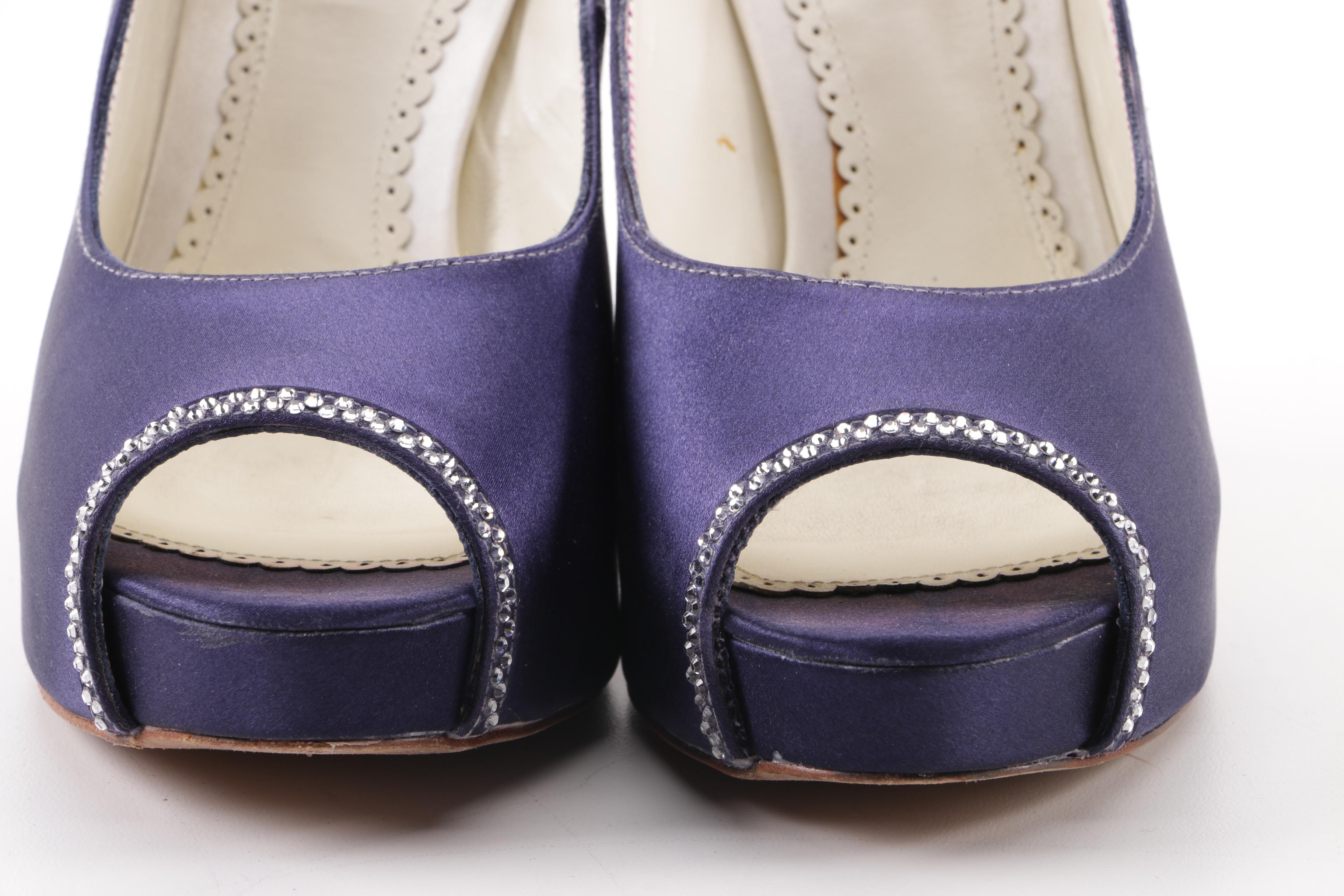 Benjamin Adams Scarlet Duchesse Dyed Purple Silk Heels with Swarovski Crystals