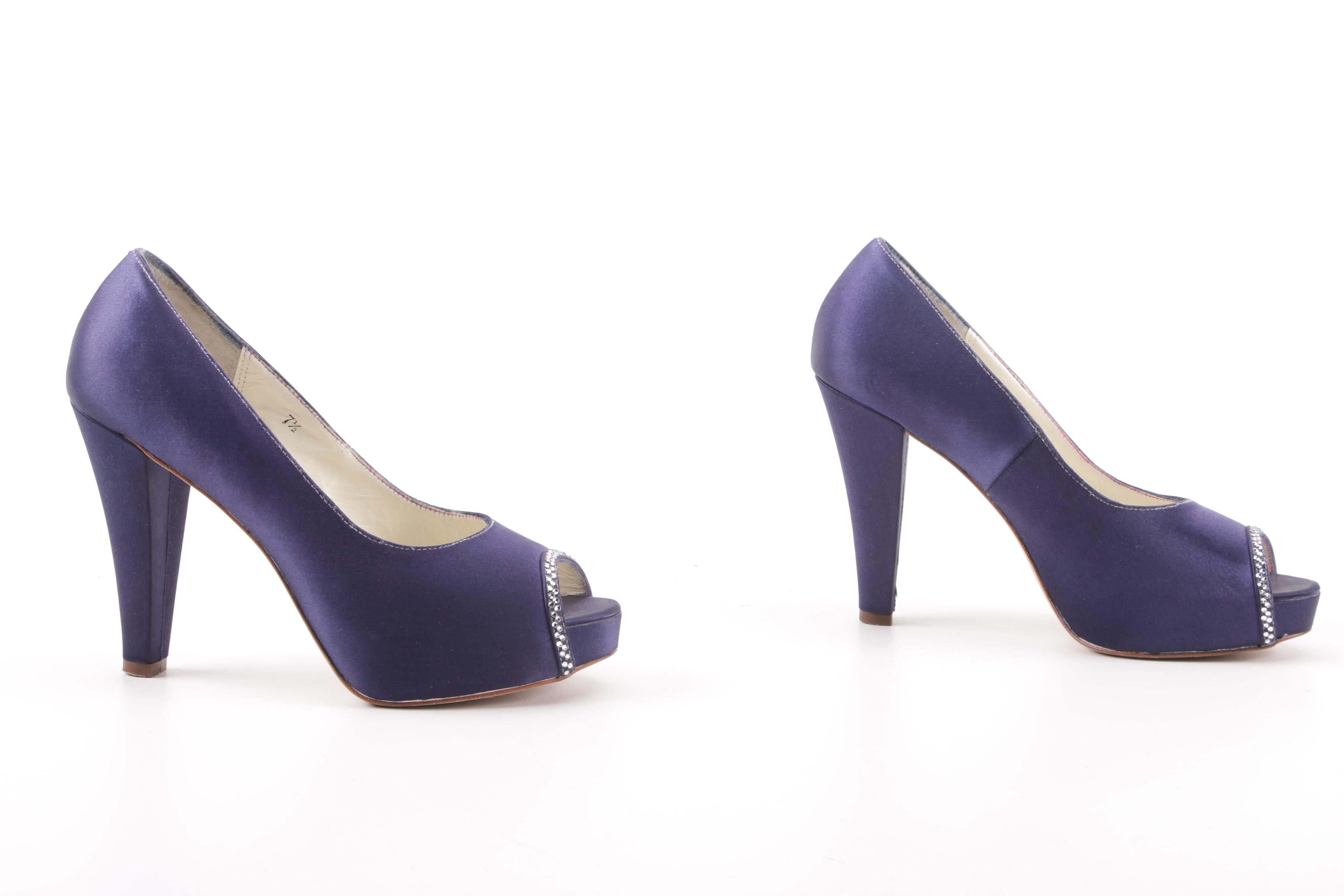 Benjamin Adams Scarlet Duchesse Dyed Purple Silk Heels with Swarovski Crystals