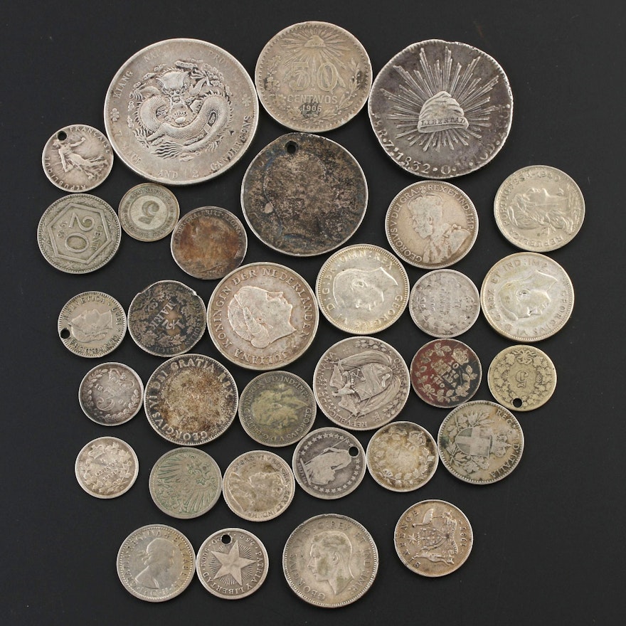 Assortment of Thirty-Two Antique to Vintage Silver Foreign Coins