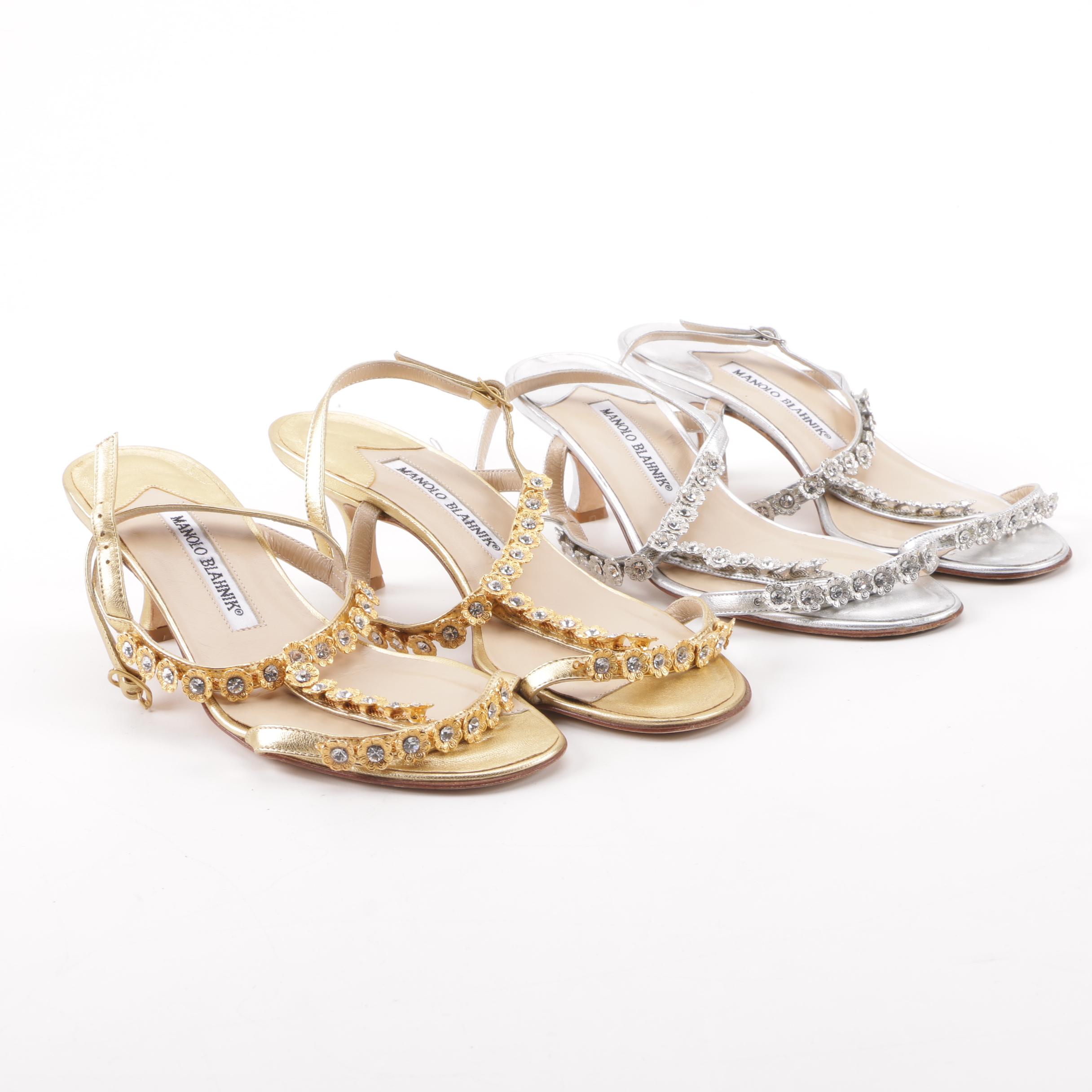 Manolo Blahnik Metallic Gold and Silver Leather T-Strap Rhinestone Sandals