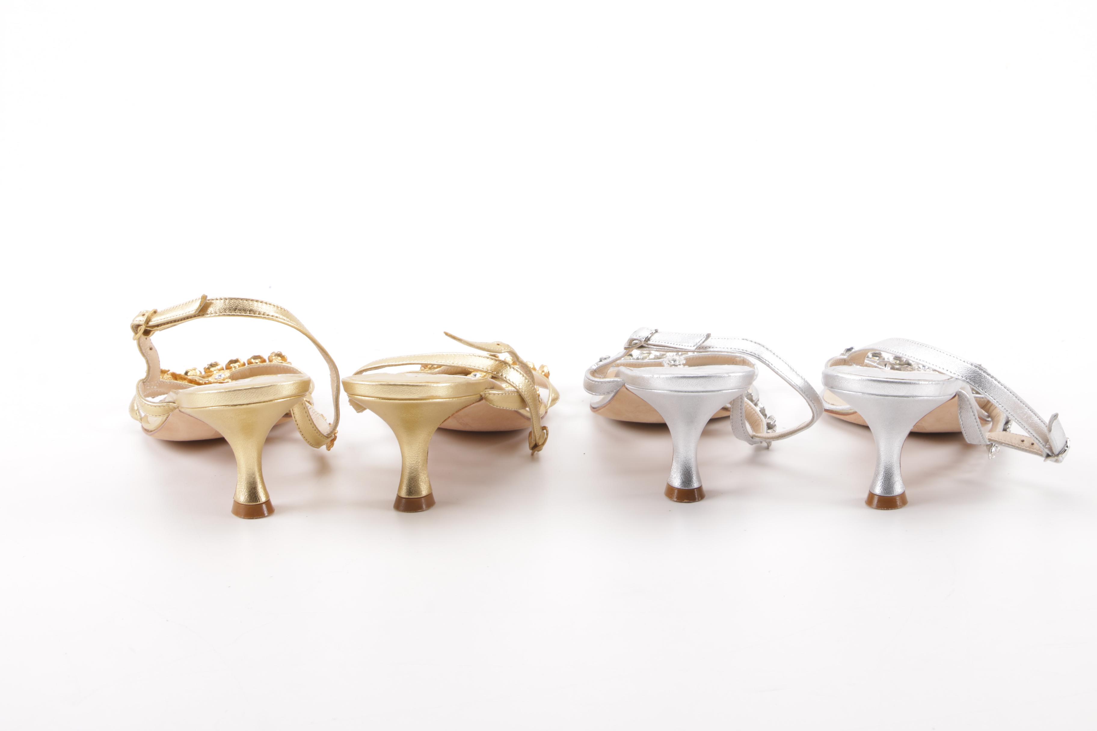 Manolo Blahnik Metallic Gold and Silver Leather T-Strap Rhinestone Sandals