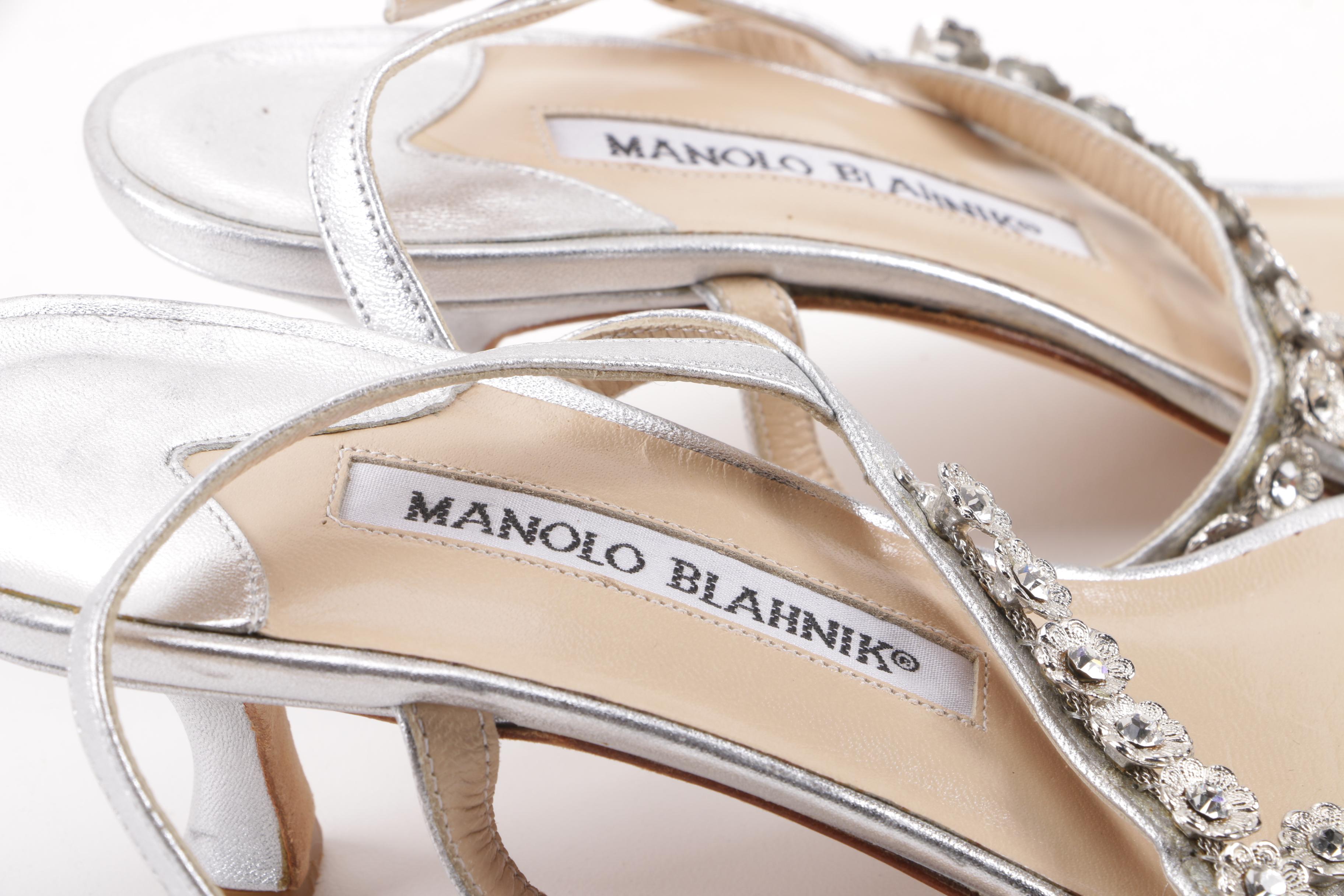 Manolo Blahnik Metallic Gold and Silver Leather T-Strap Rhinestone Sandals