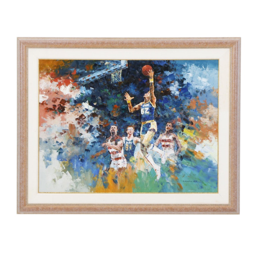 Framed Binwilliams Oil Painting of a Basketball Game, Late 20th Century