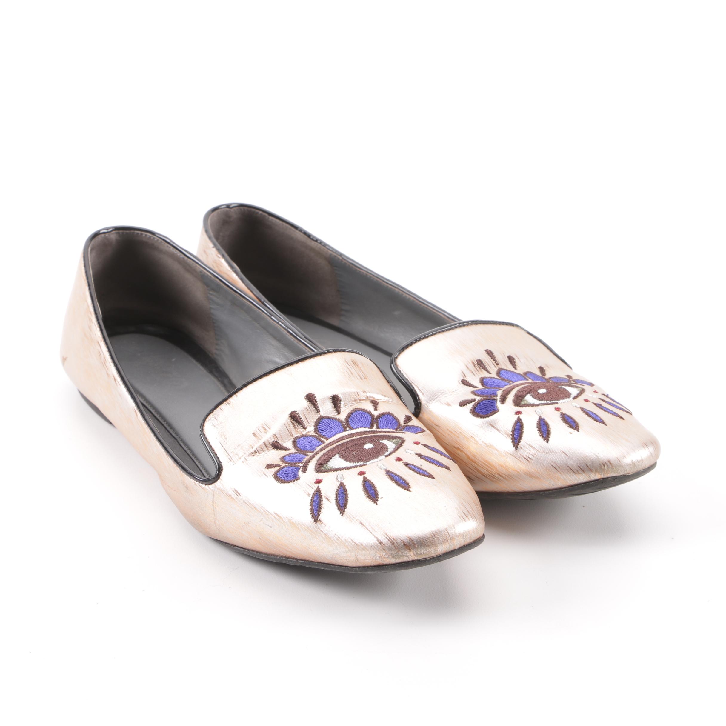 Kenzo Metallic Rose Gold Leather Embroidered Eye Flats