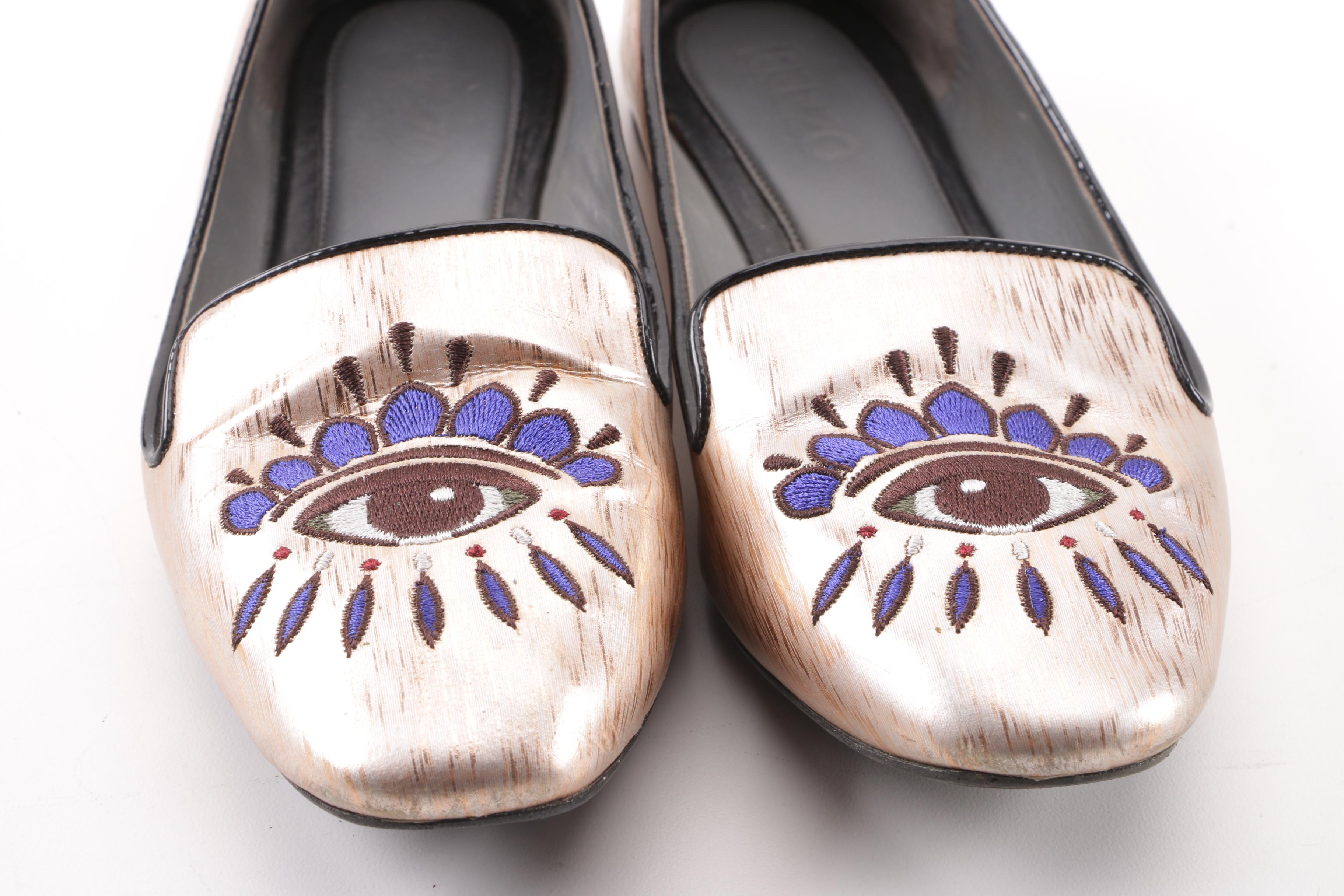 Kenzo Metallic Rose Gold Leather Embroidered Eye Flats
