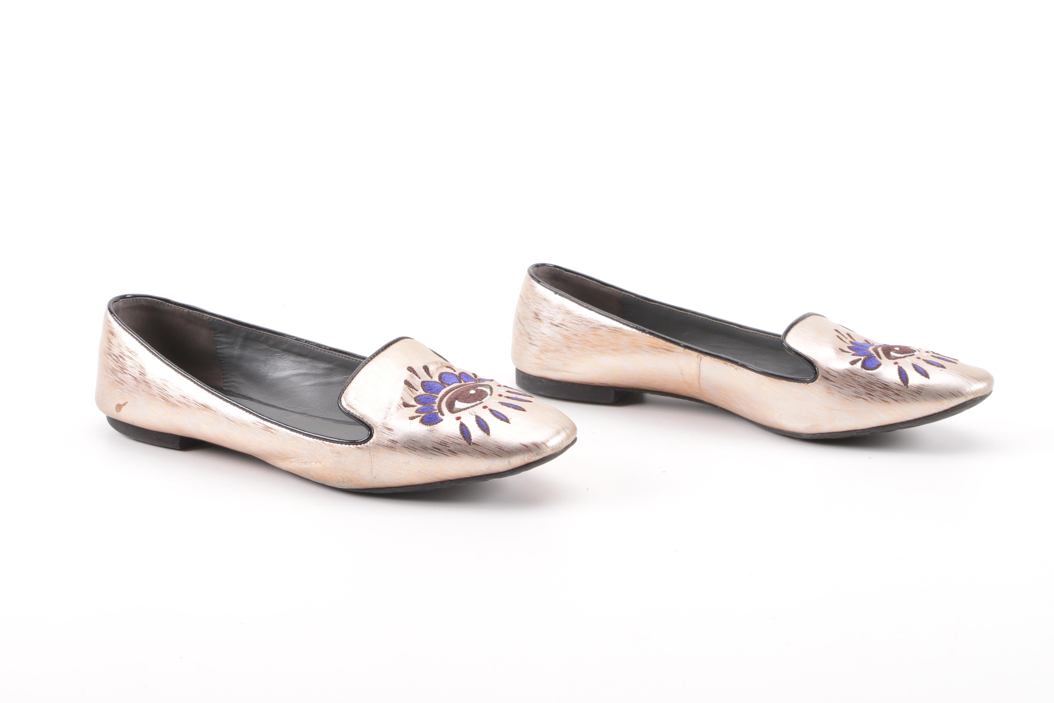 Kenzo Metallic Rose Gold Leather Embroidered Eye Flats