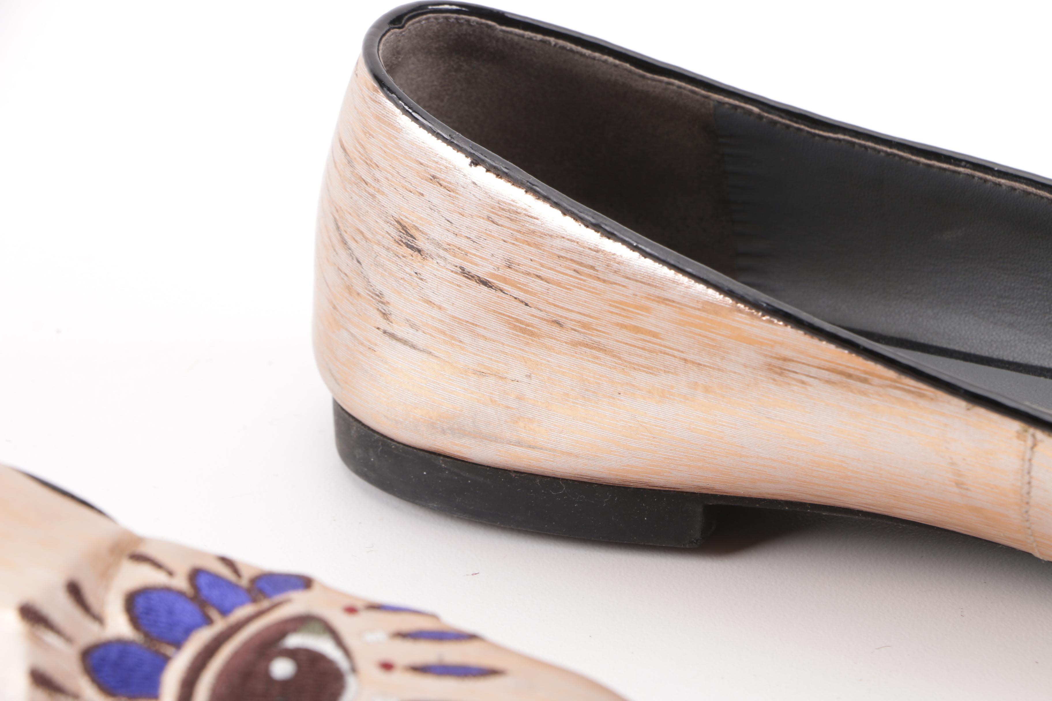 Kenzo Metallic Rose Gold Leather Embroidered Eye Flats