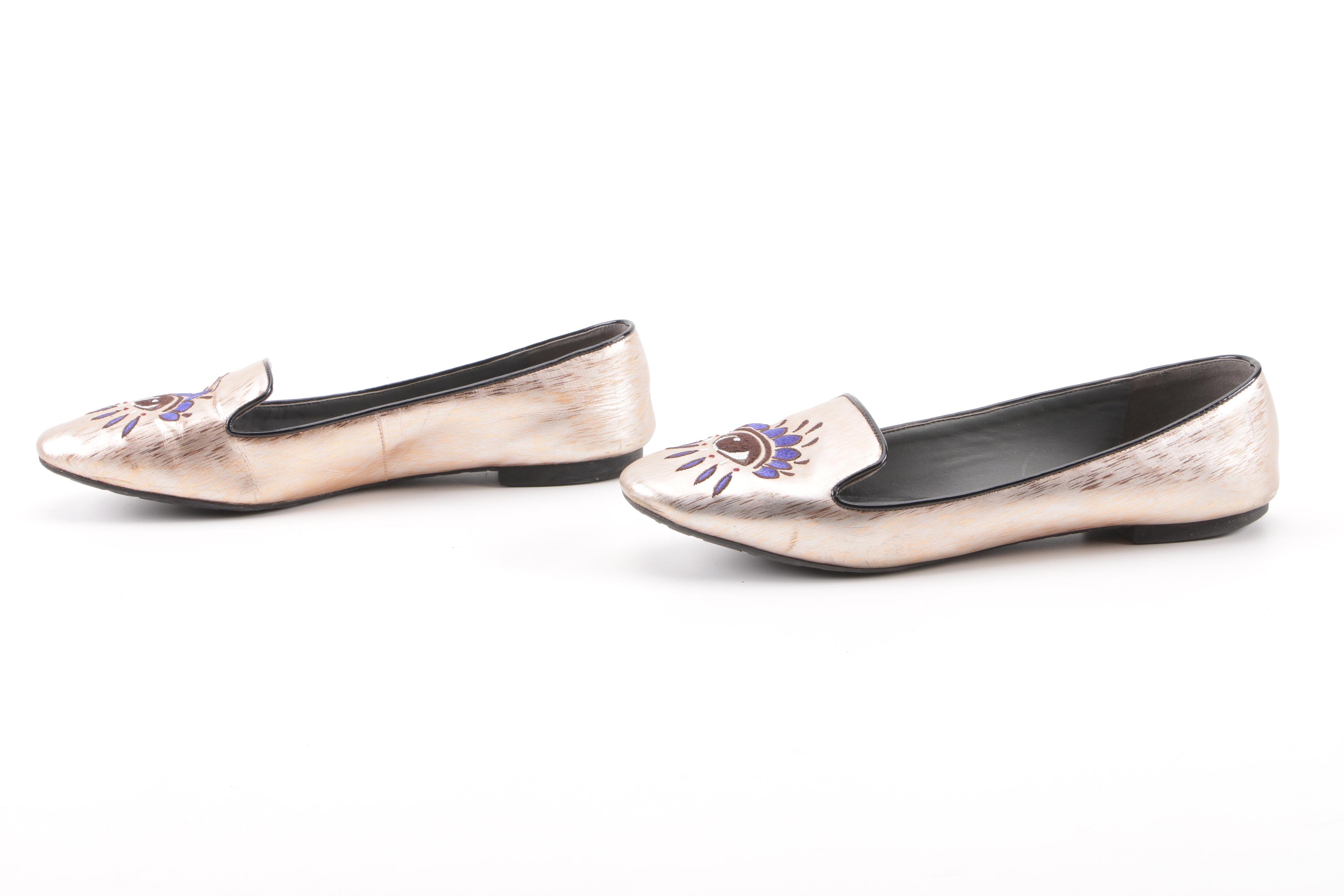 Kenzo Metallic Rose Gold Leather Embroidered Eye Flats