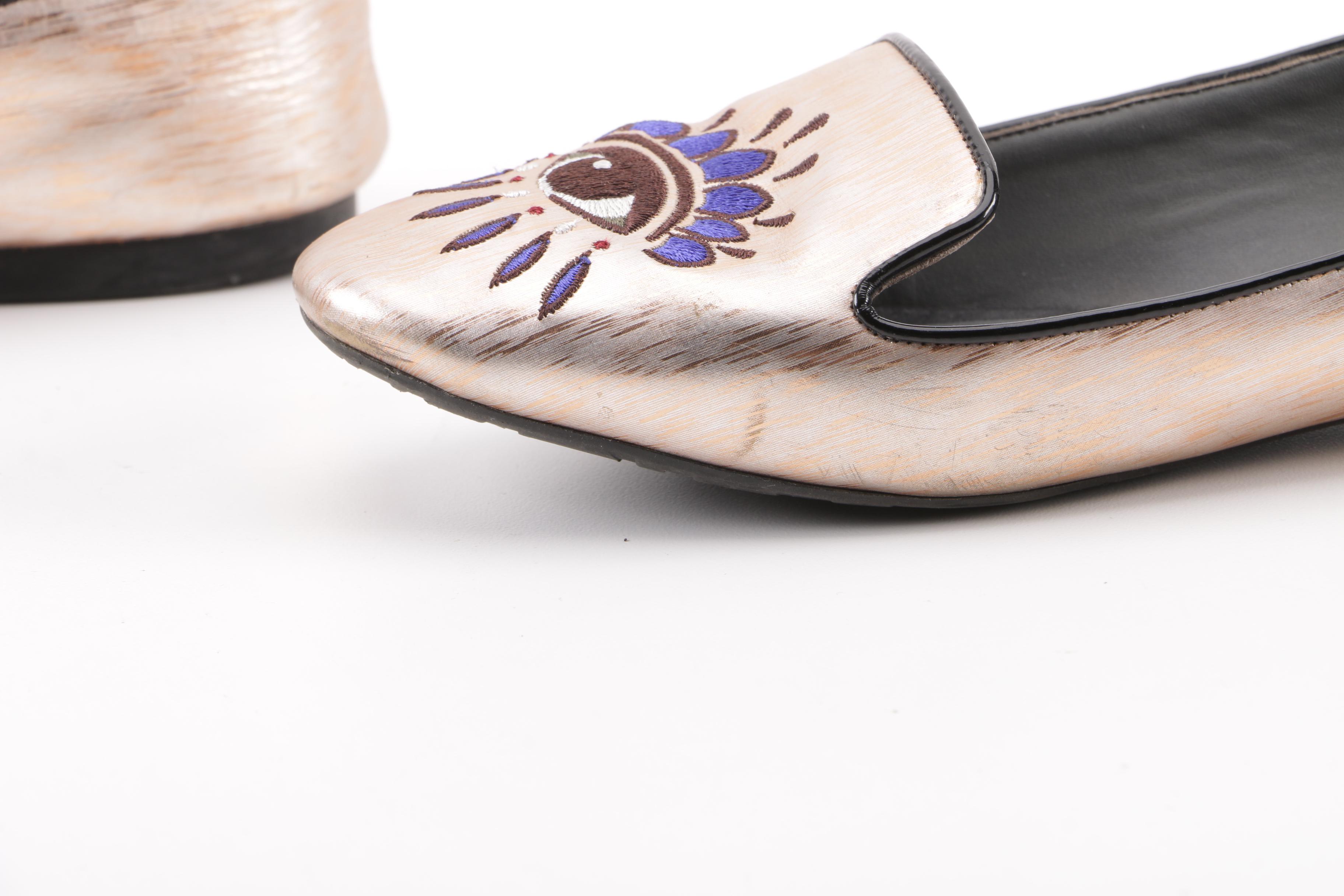 Kenzo Metallic Rose Gold Leather Embroidered Eye Flats