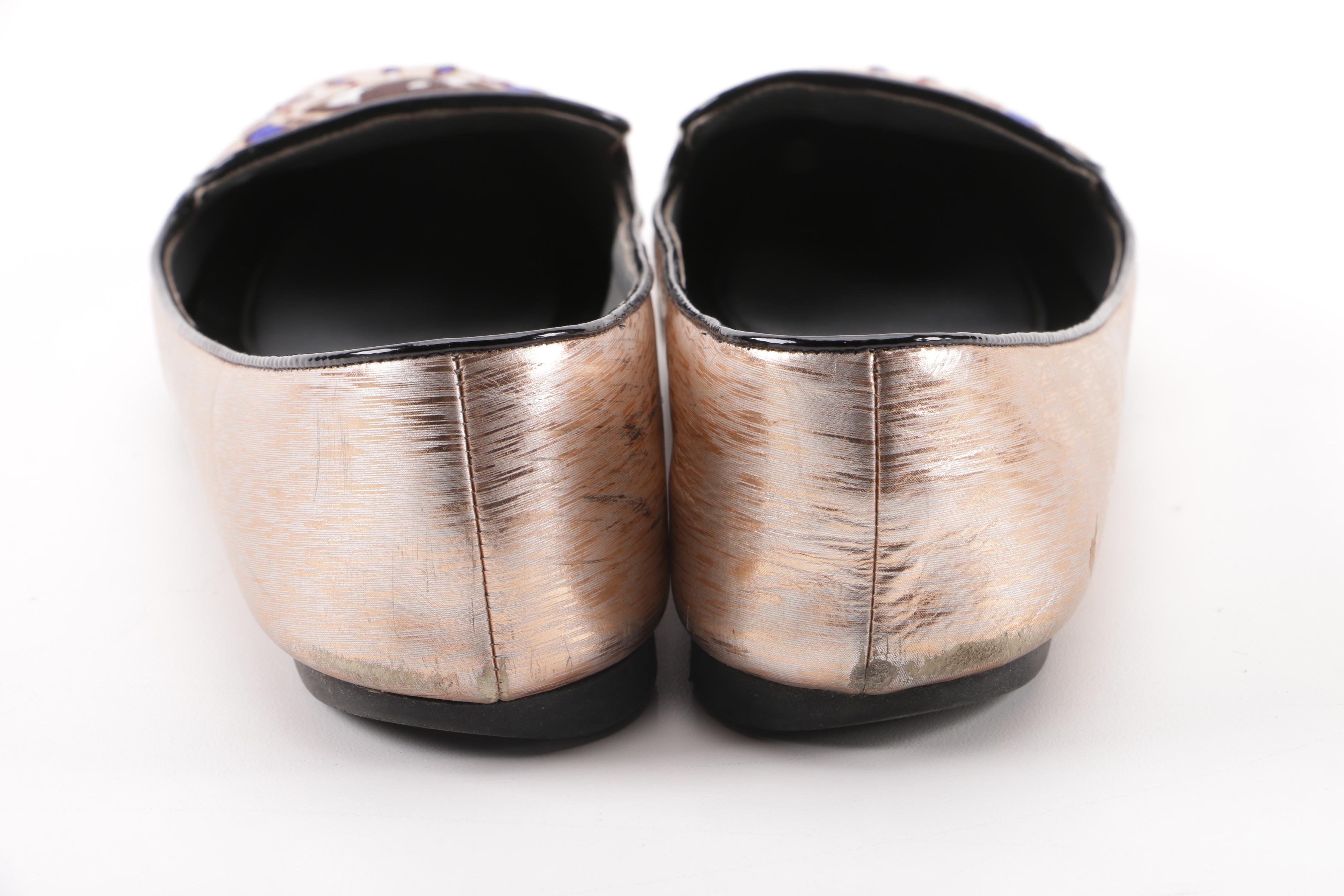 Kenzo Metallic Rose Gold Leather Embroidered Eye Flats